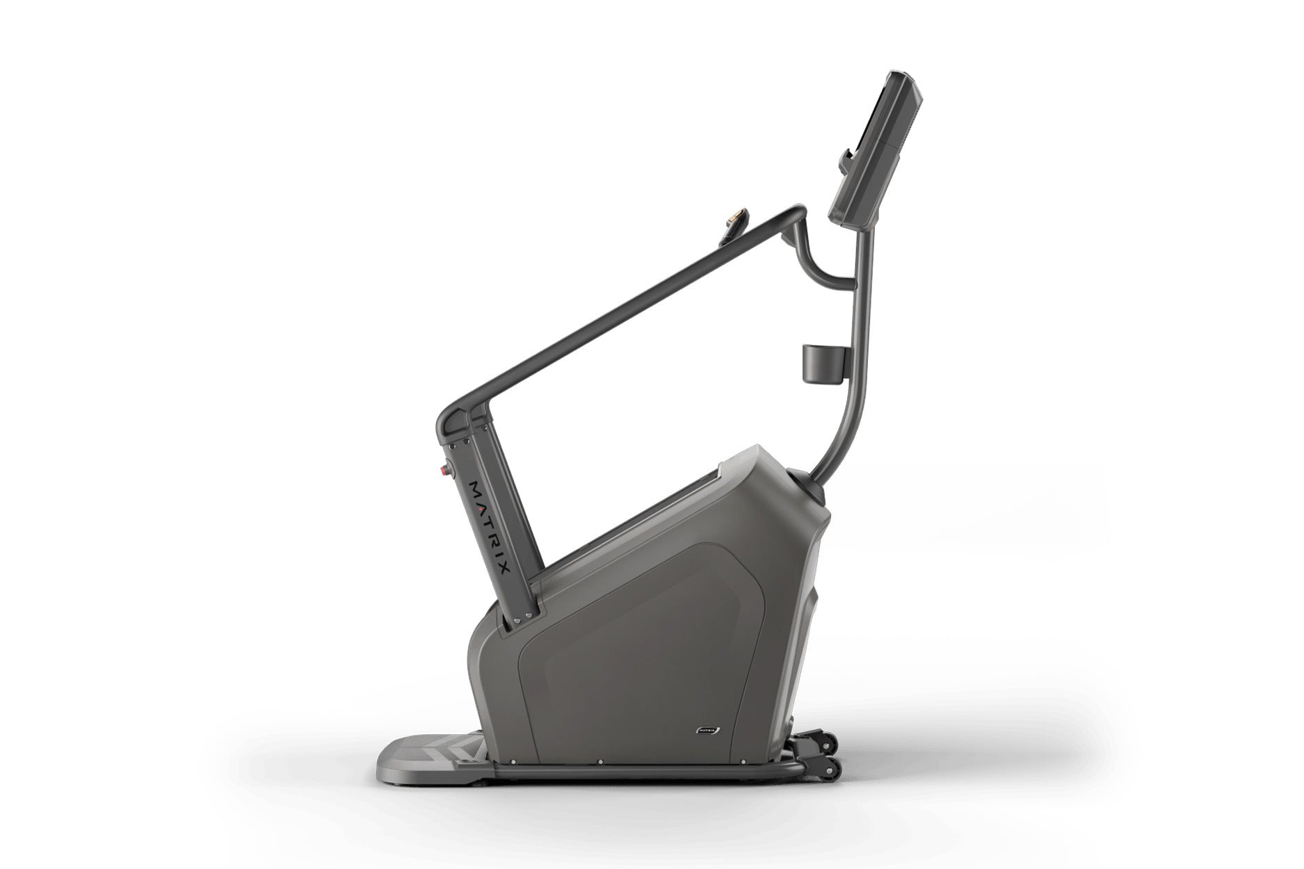 Black upright exercise bike with curved frame and digital display, shown from the side on white background