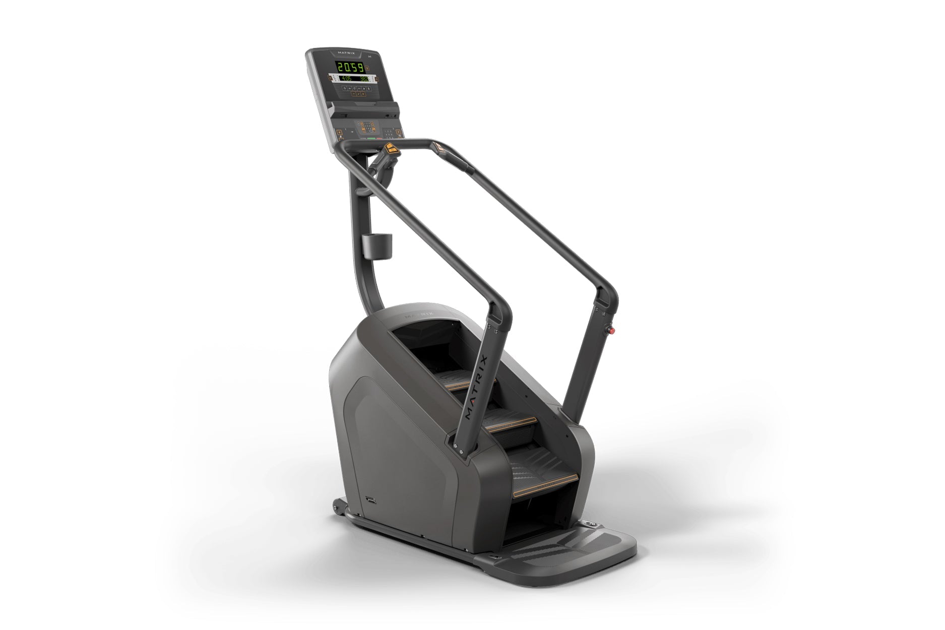 Black stair climbing exercise machine with digital display console showing calorie count and bronze accents on steps, on whit
