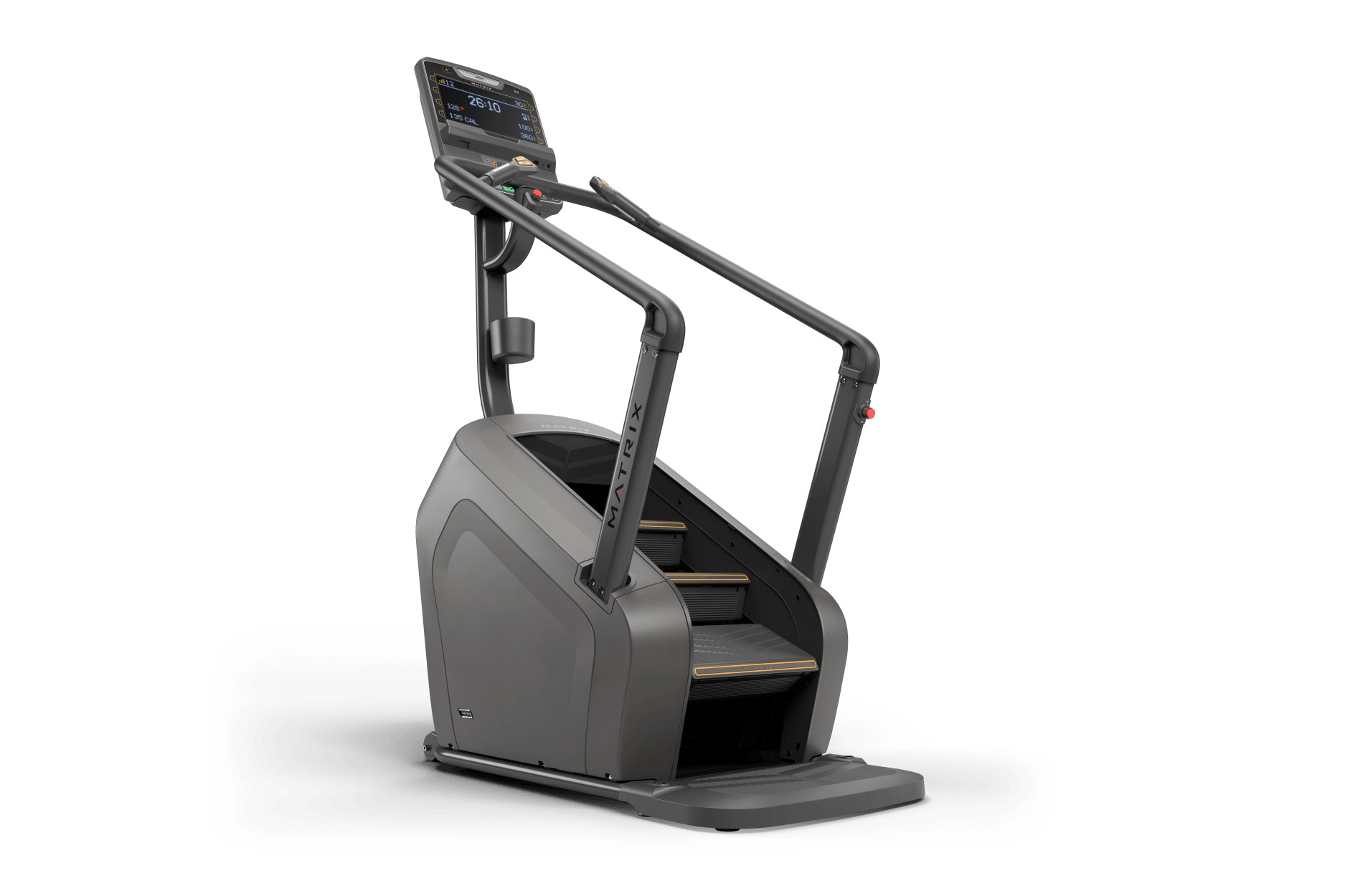 Matrix Lifestyle ClimbMill stair climbing machine with gray and black frame, digital display console, and dual handles on whi