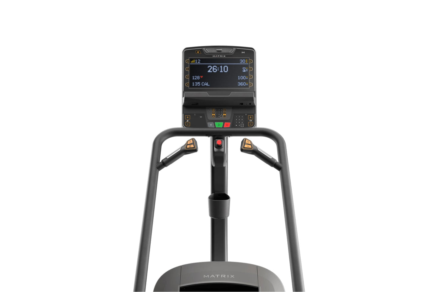 Matrix Lifestyle ClimbMill with digital console displaying workout metrics, black frame with gray handles, and foot platform 