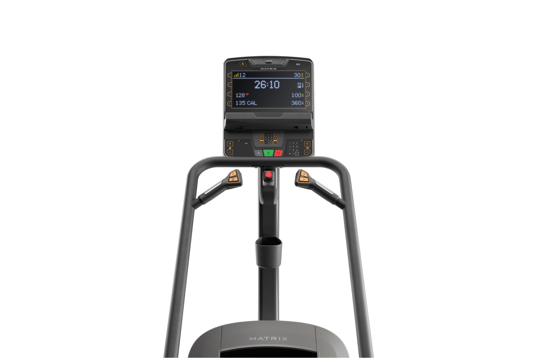 Matrix Lifestyle ClimbMill with digital console displaying workout metrics, black frame with gray handles, and foot platform 