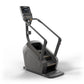 Black stair climbing exercise machine with digital display console, handrails, and wide pedal platform on white background