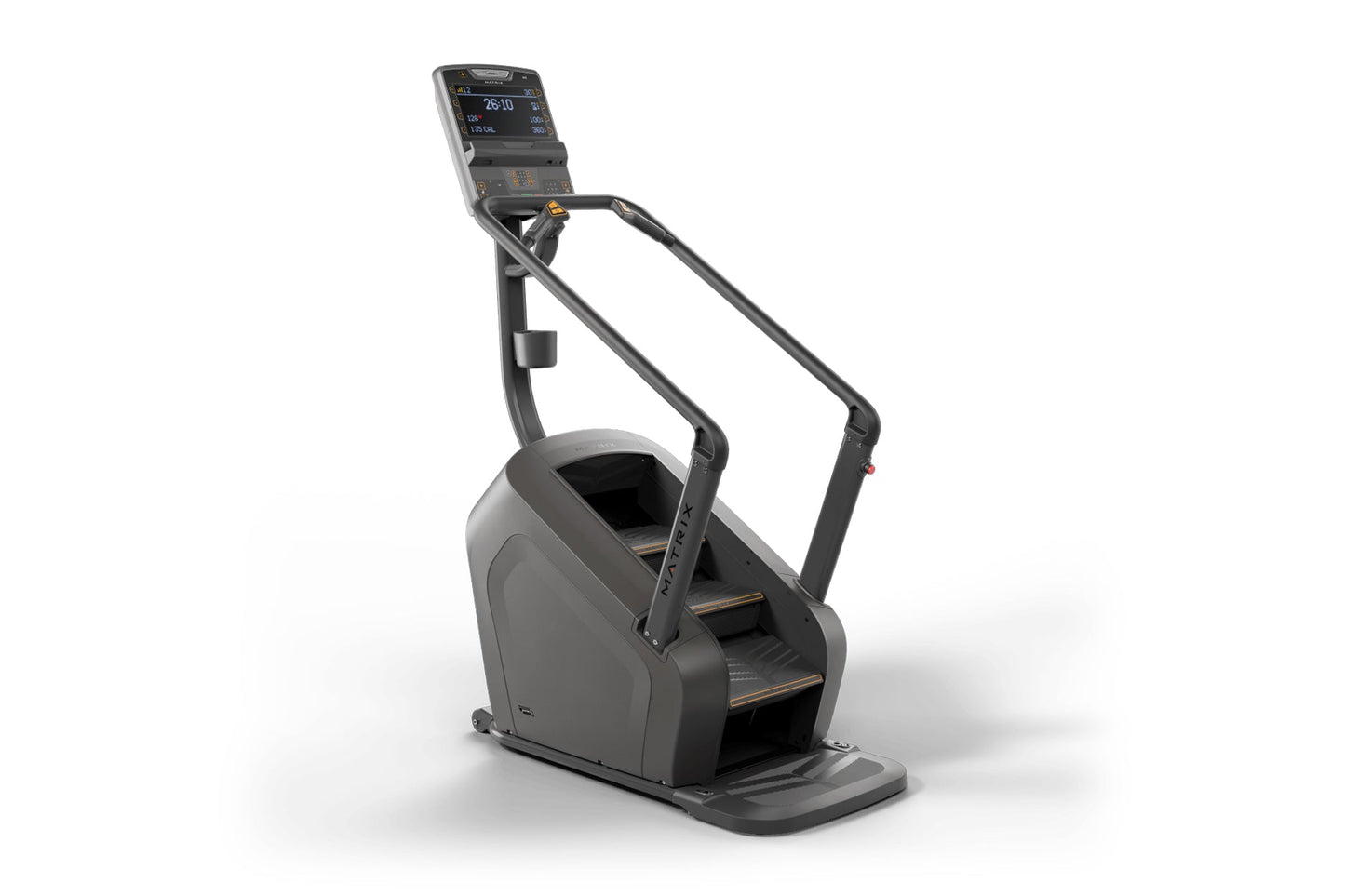 Black stair climbing exercise machine with digital display console, handrails, and wide pedal platform on white background