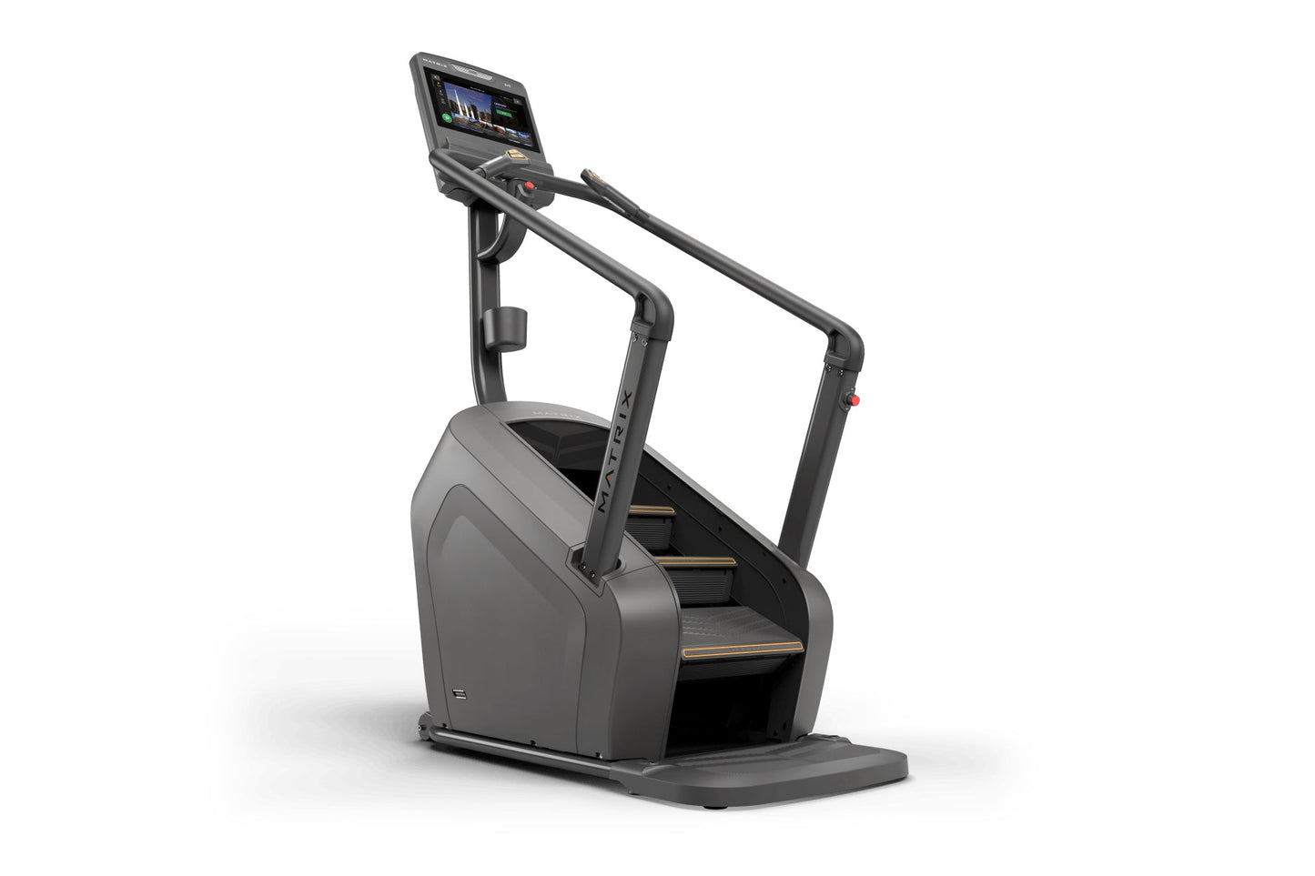 Matrix Lifestyle ClimbMill with gray and black frame, digital display console, dual handrails, and textured step platform on 