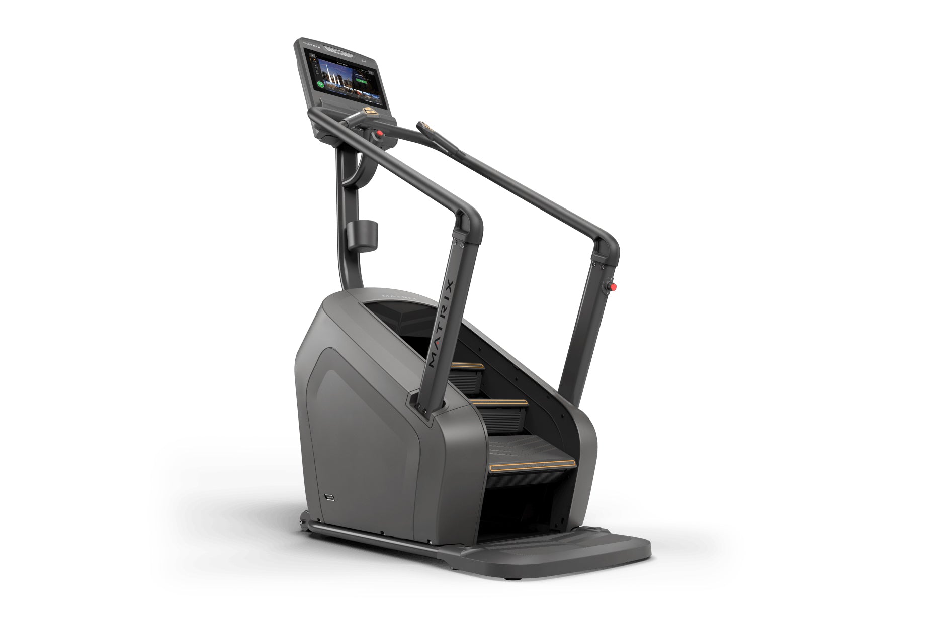Matrix Lifestyle ClimbMill with gray and black frame, digital display console, dual handrails, and textured step platform on 