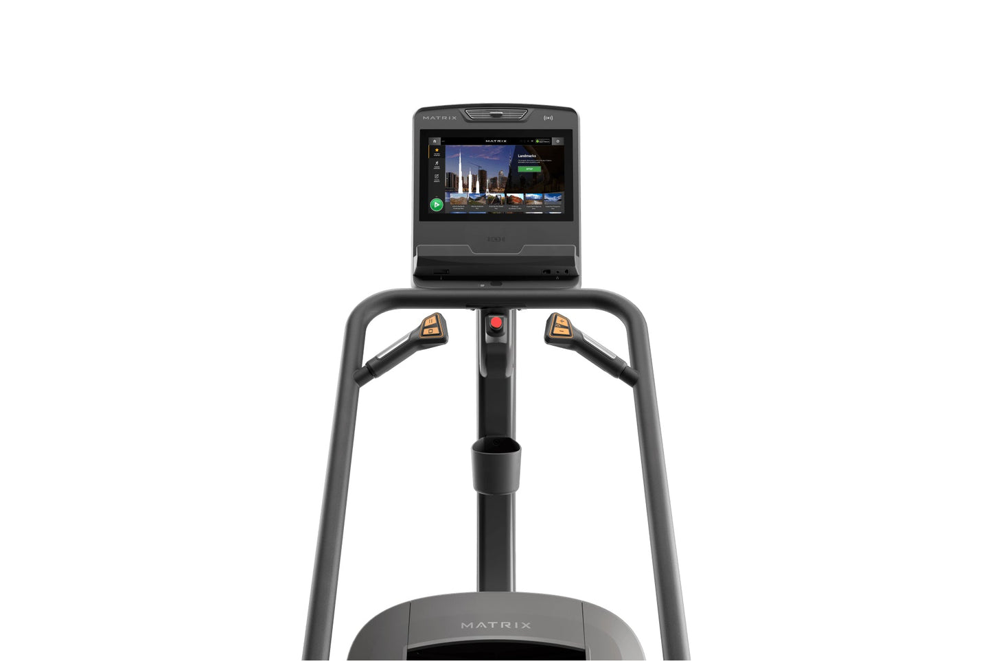 Matrix Lifestyle ClimbMill with black frame, dual handles with gold accents, and digital display console on white background