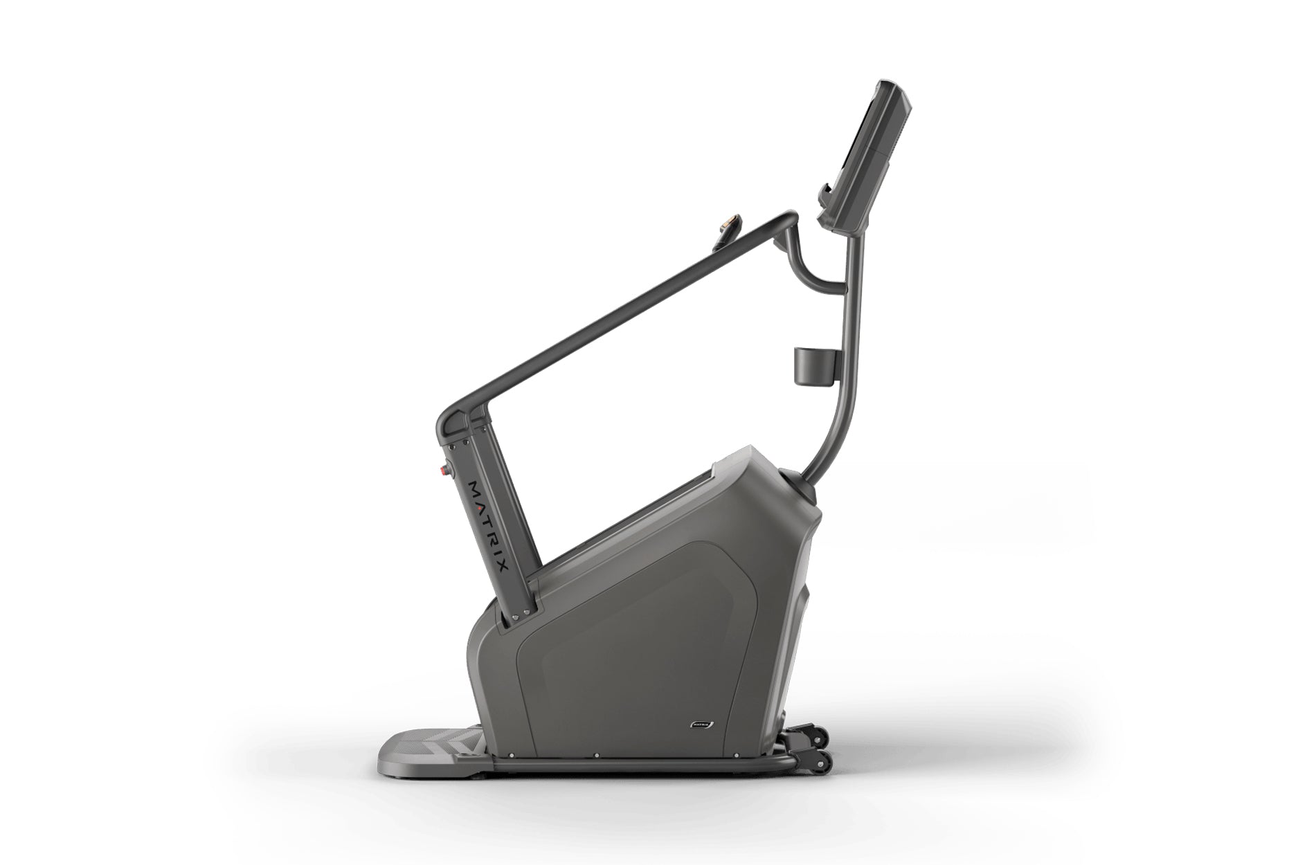 Matrix Lifestyle ClimbMill, dark gray upright climbing machine with extended handles and footrest on white background