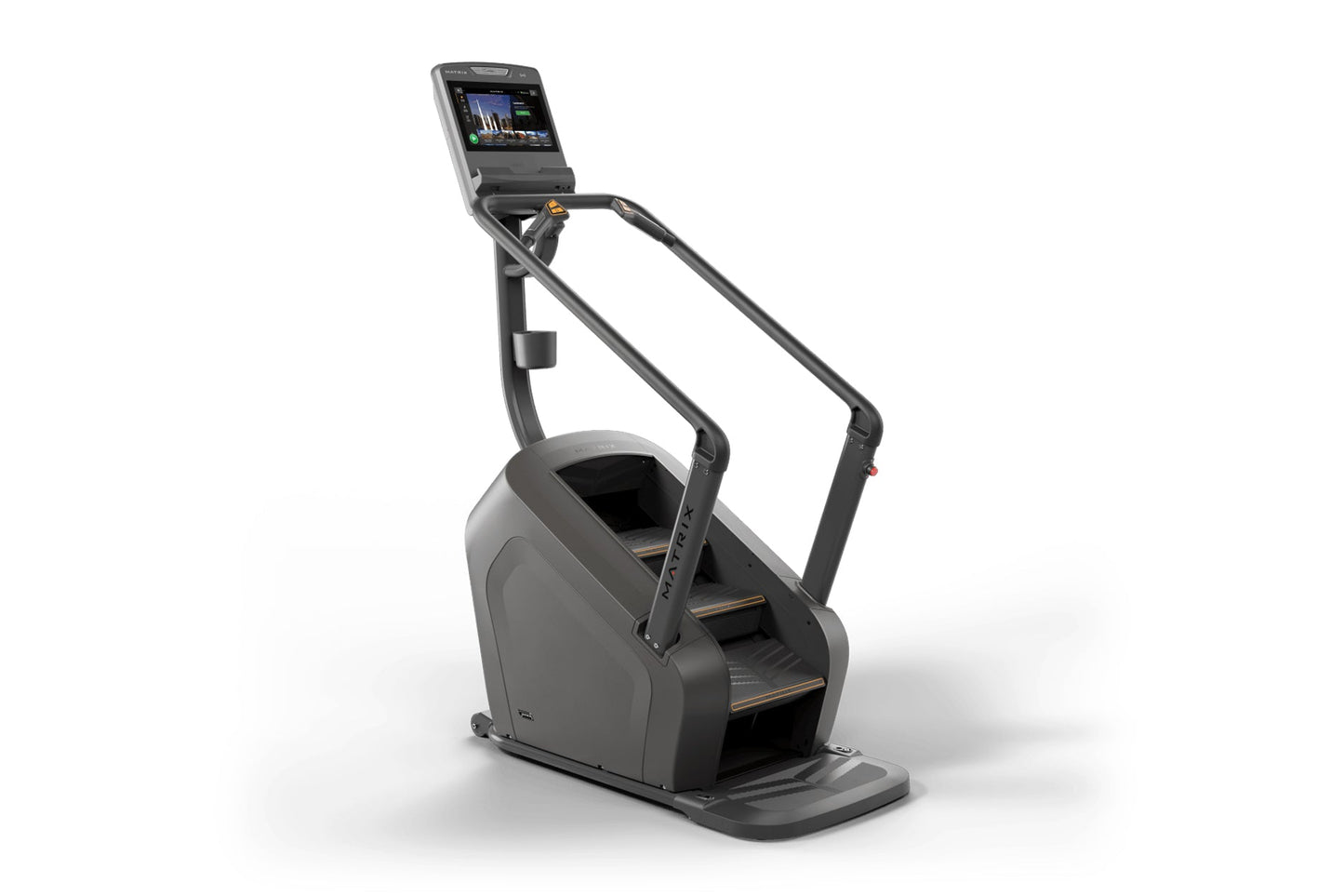 Black and gray stair climbing exercise machine with digital touchscreen display and handlebar controls, on white background