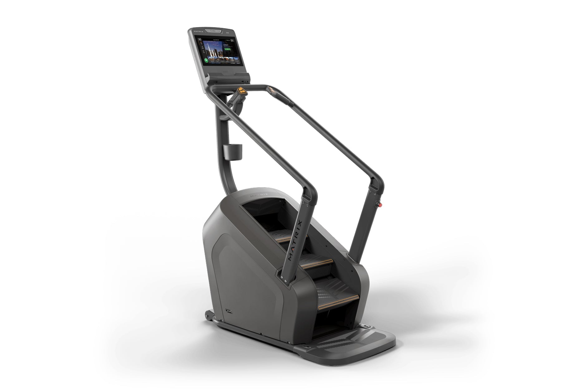Black and gray stair climbing exercise machine with digital touchscreen display and handlebar controls, on white background