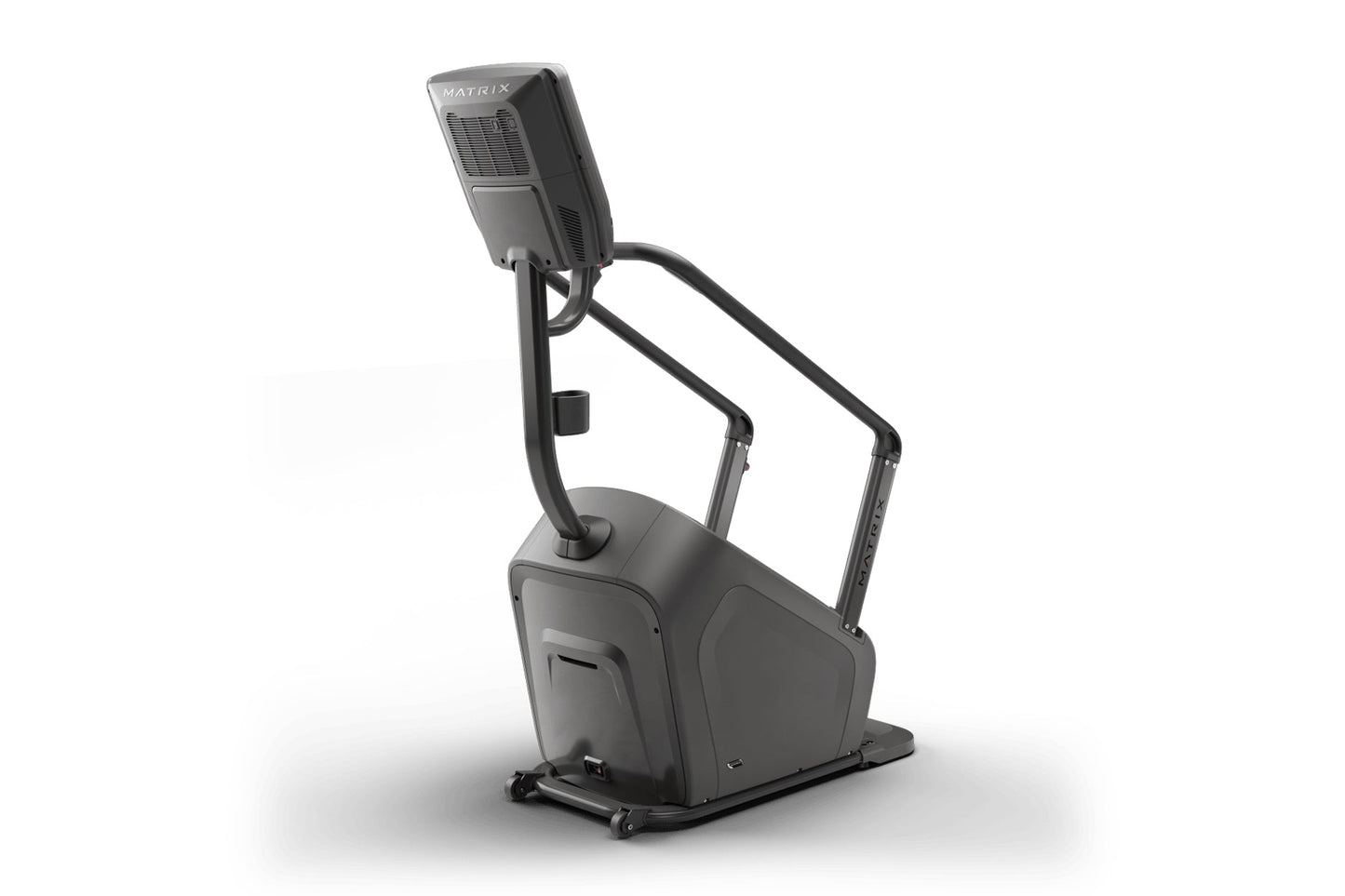 Matrix Lifestyle ClimbMill stair climber machine with gray and black frame, digital display console, and handlebar grips on w