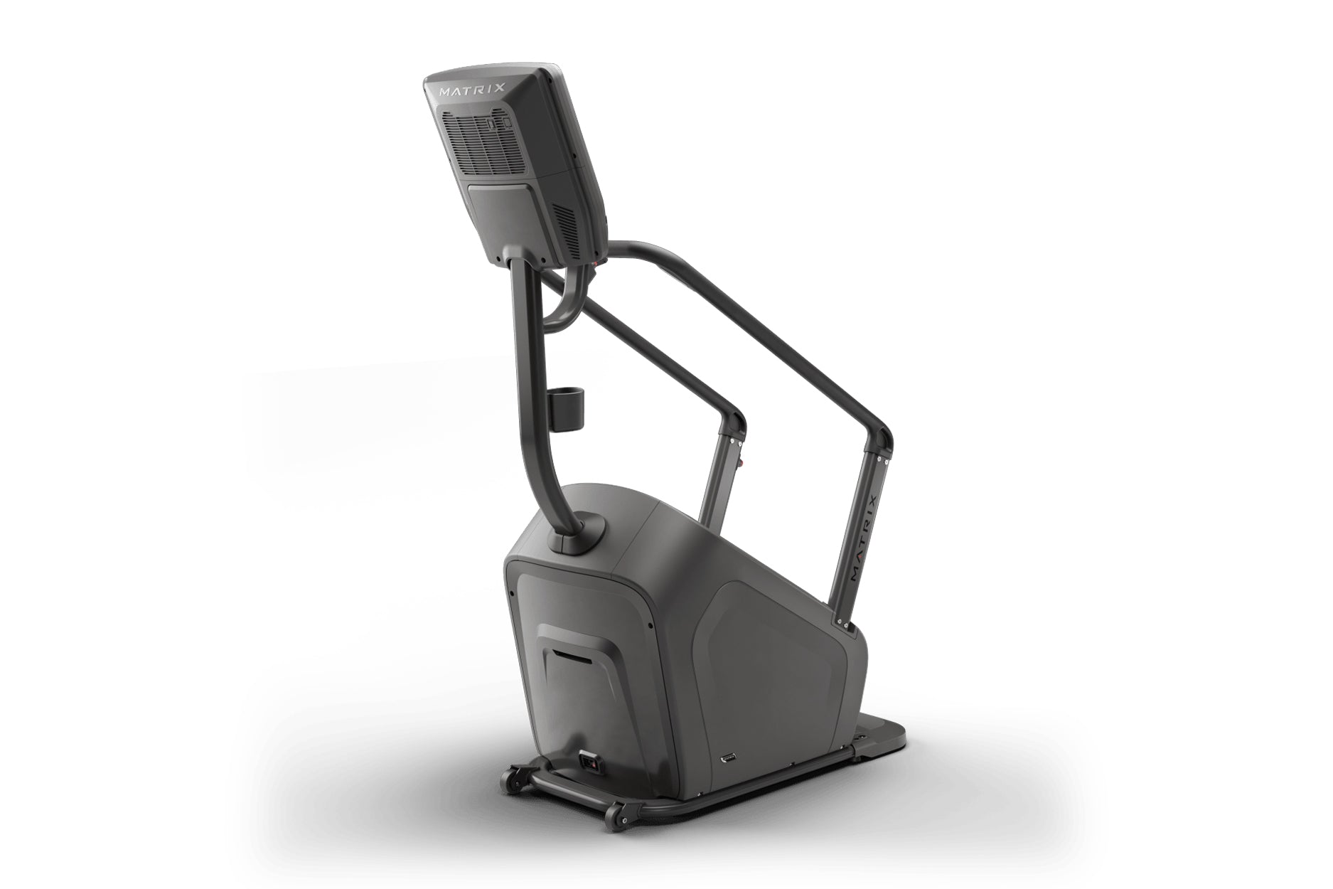 Matrix Lifestyle ClimbMill stair climber machine with gray and black frame, digital display console, and handlebar grips on w