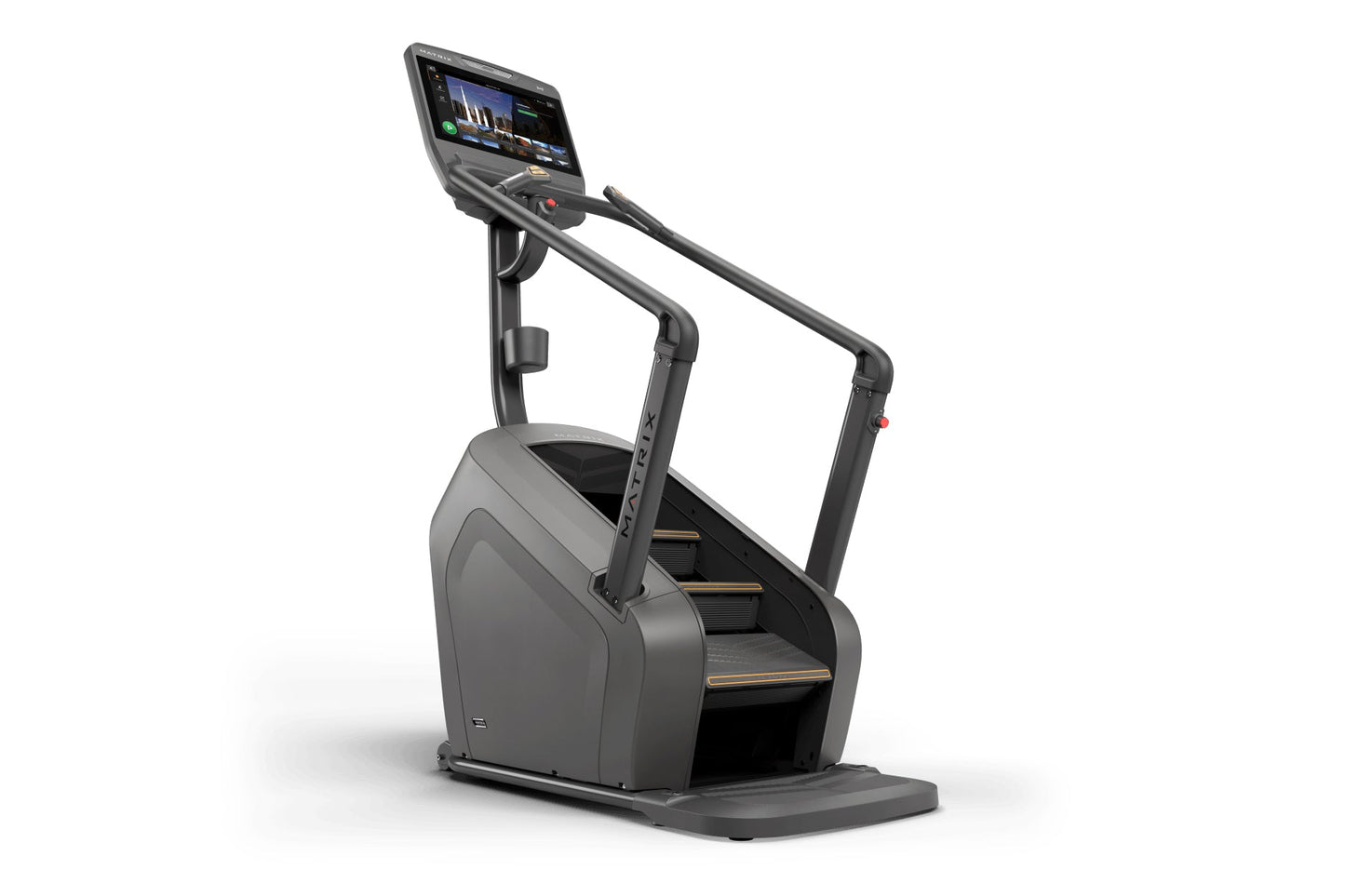 Black and gray commercial stair-climbing machine with digital console display and handrails on white background
