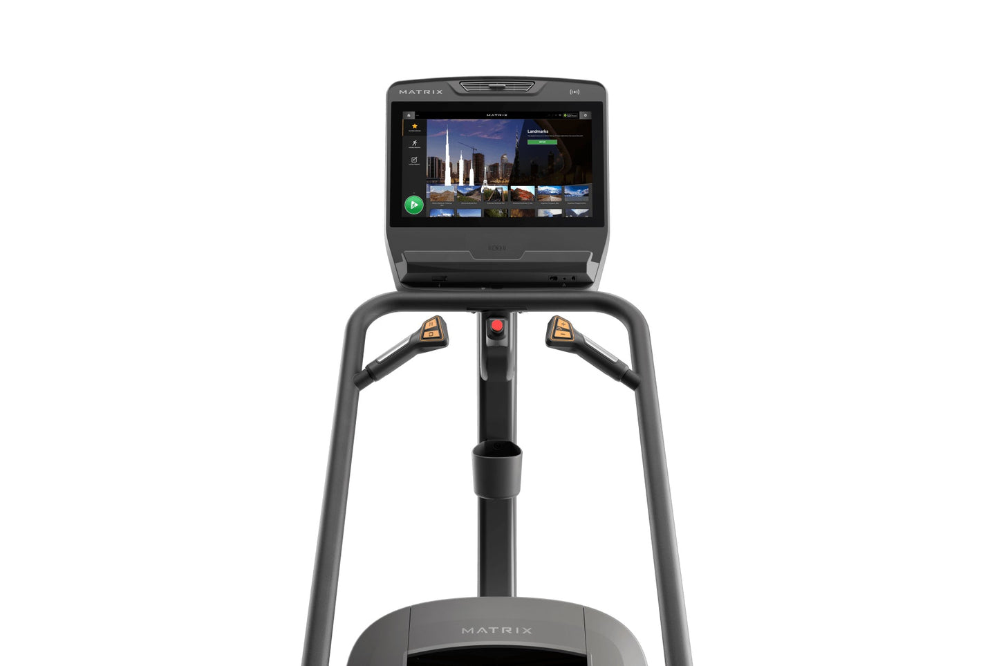 Matrix Lifestyle ClimbMill with touchscreen display showing workout interface, gray frame, and dual handles with gold accents