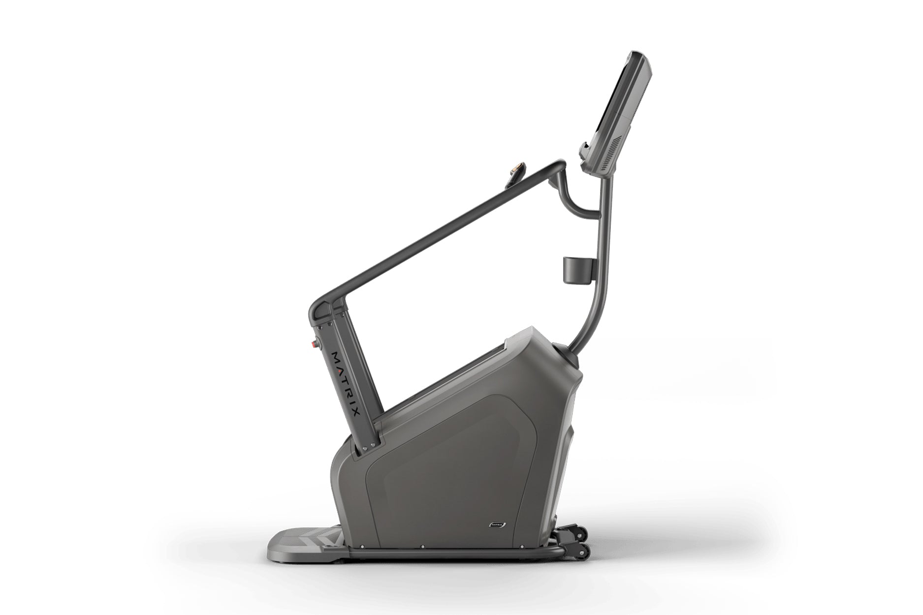 Matrix Lifestyle ClimbMill exercise bike with dark gray frame, upright handlebars, and digital display console on white backg