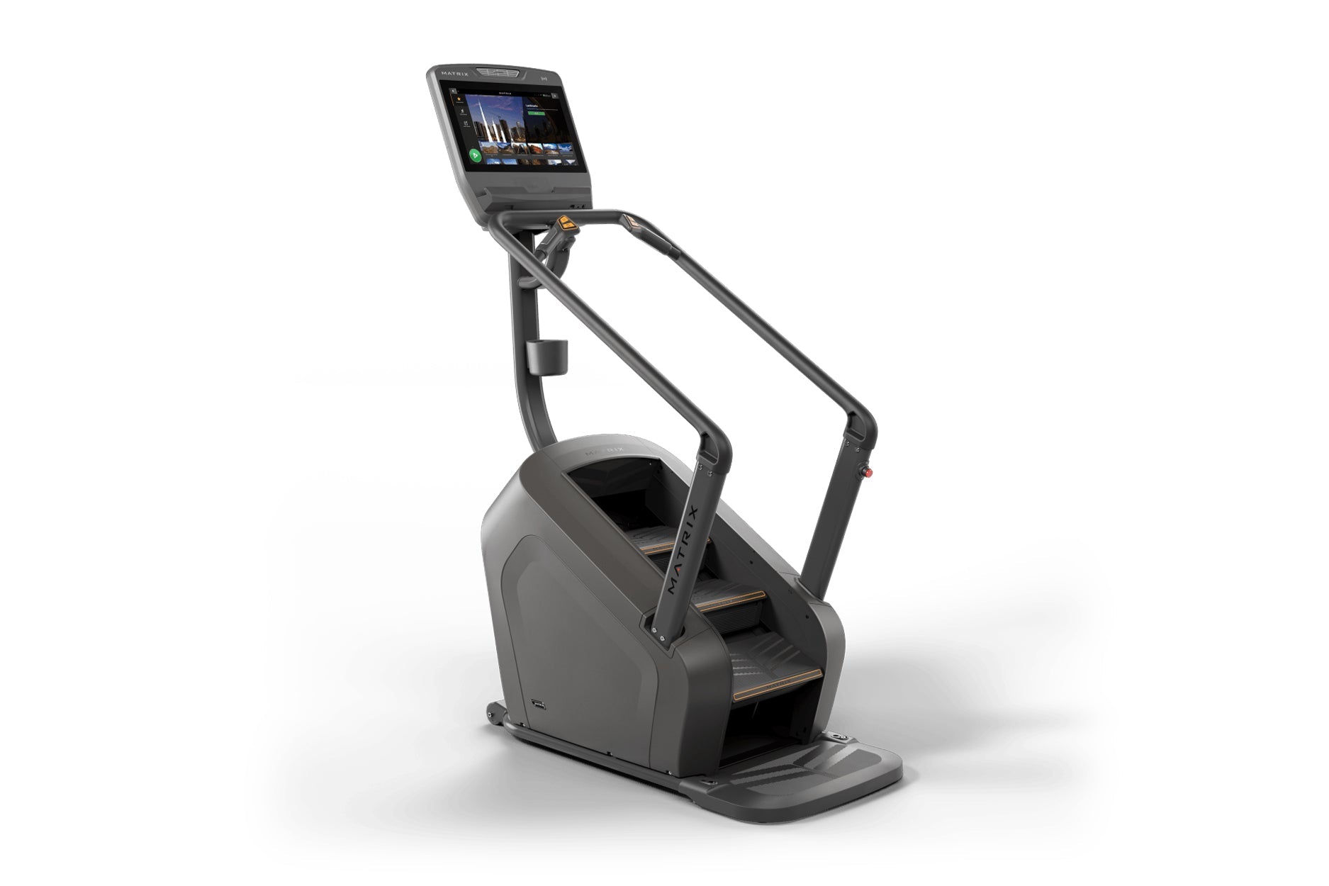 Black and gray commercial climbing machine with digital touchscreen display and handrails on white background