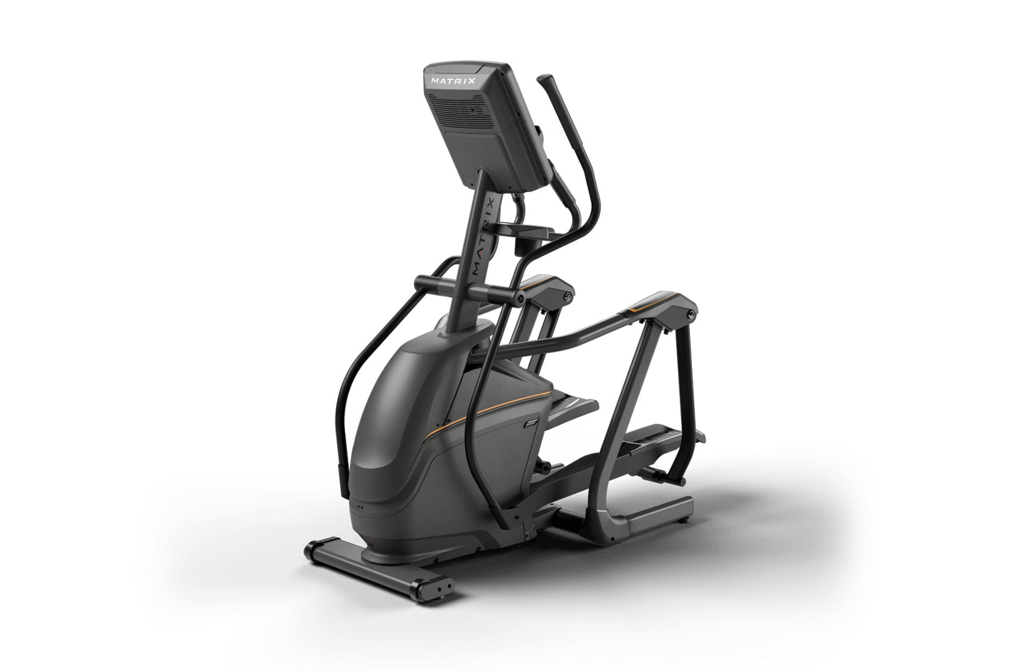 Black Matrix elliptical machine with digital display console, dual handles, and extended foot pedals on white background