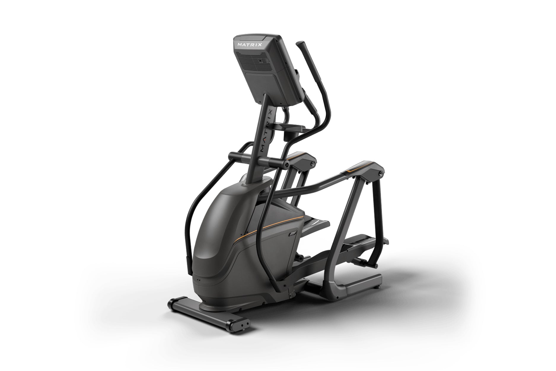 Black Matrix elliptical machine with digital display console, dual handles, and extended foot pedals on white background