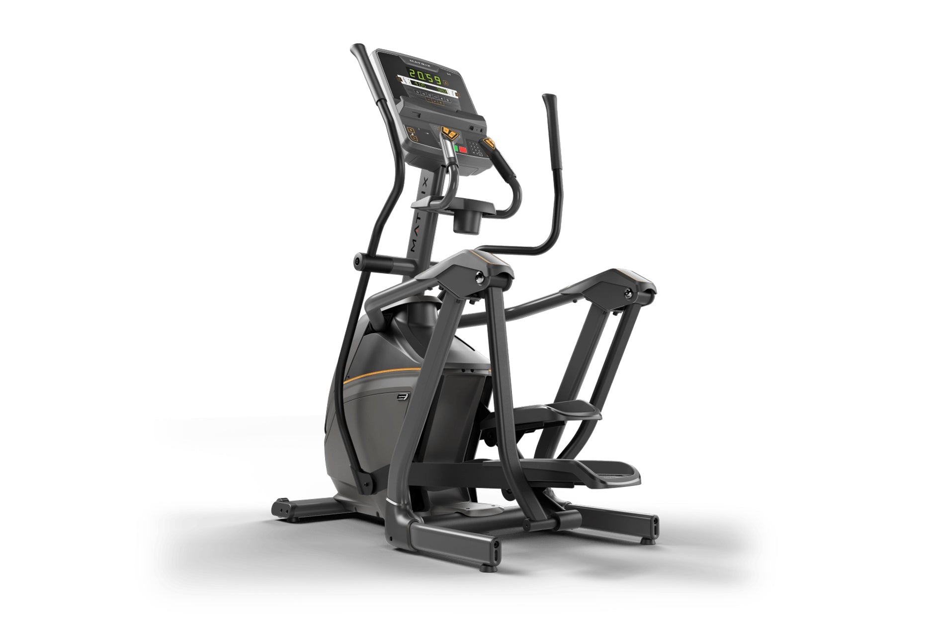 Black and gray elliptical machine with digital display console, handlebar arms, and footrests on white background