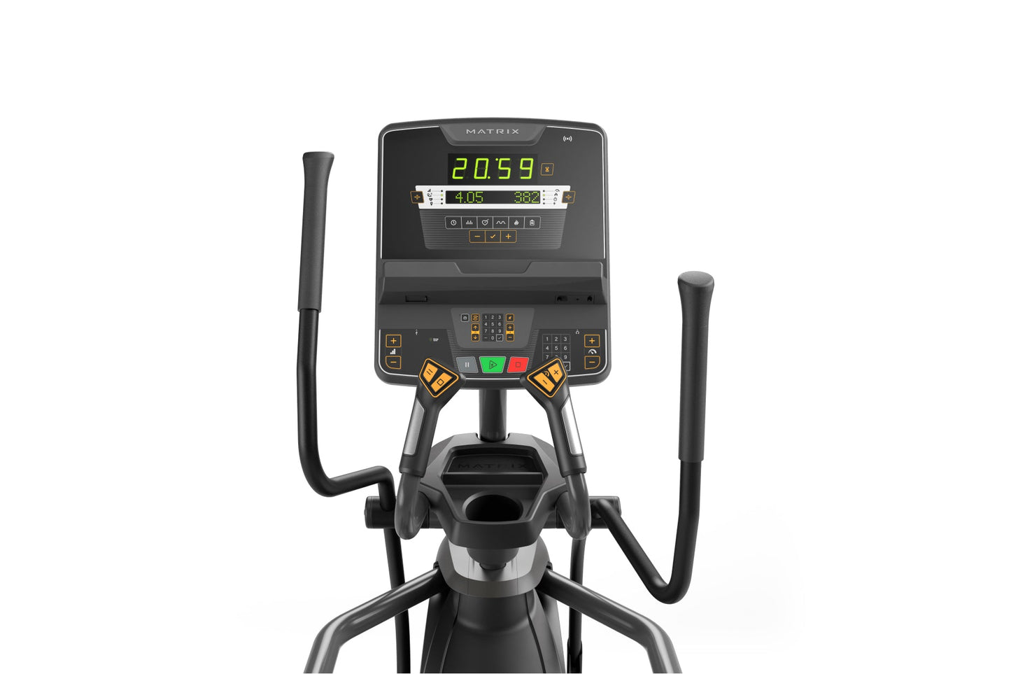 Matrix Lifestyle elliptical machine with black frame, dual handlebar grips, digital display showing time and distance metrics