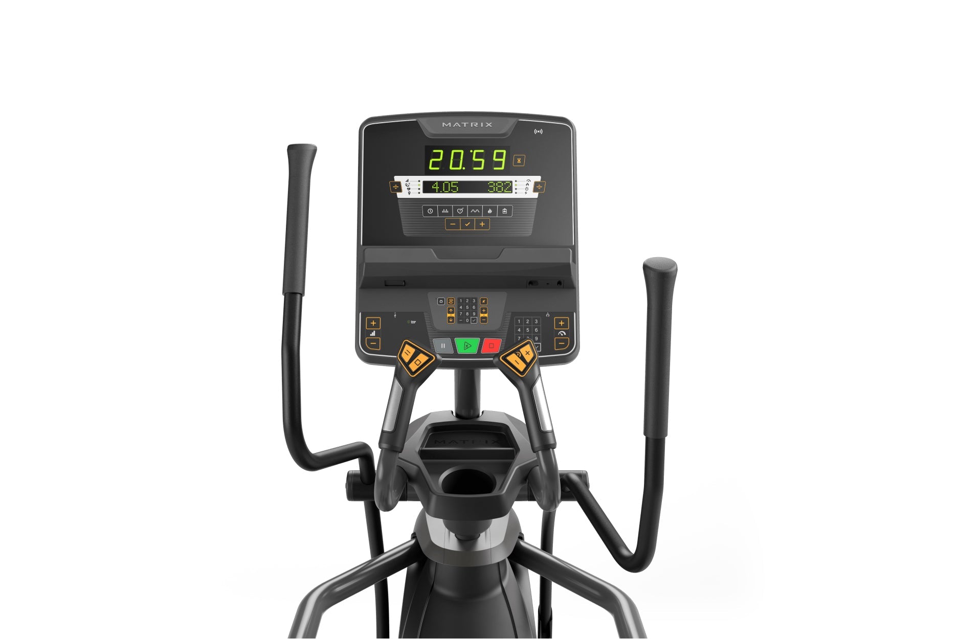 Matrix Lifestyle elliptical machine with black frame, dual handlebar grips, digital display showing time and distance metrics