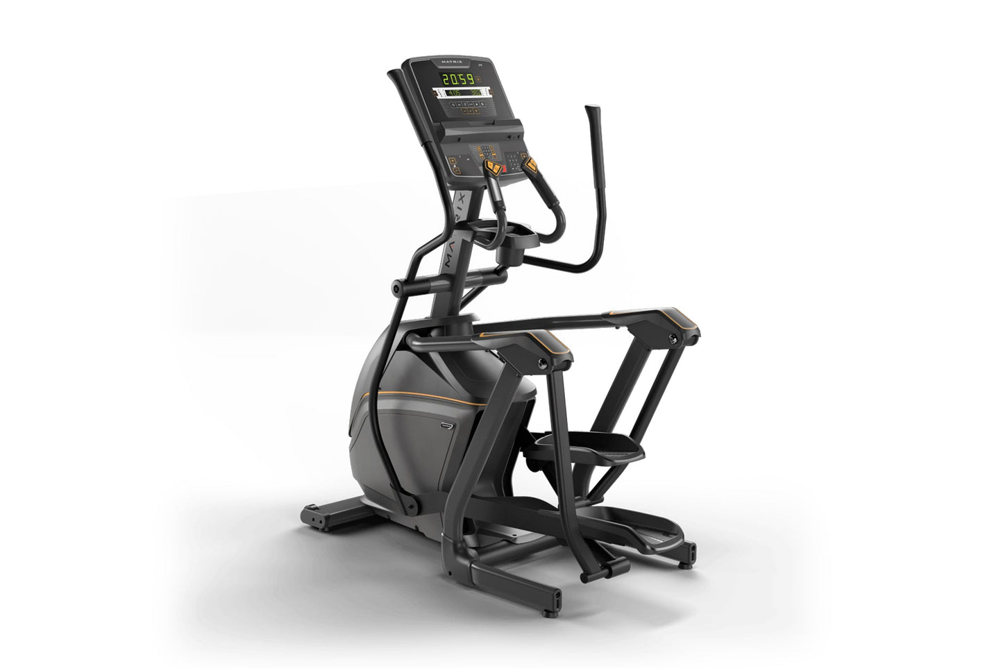Black and gold elliptical machine with digital console display showing time, on white background