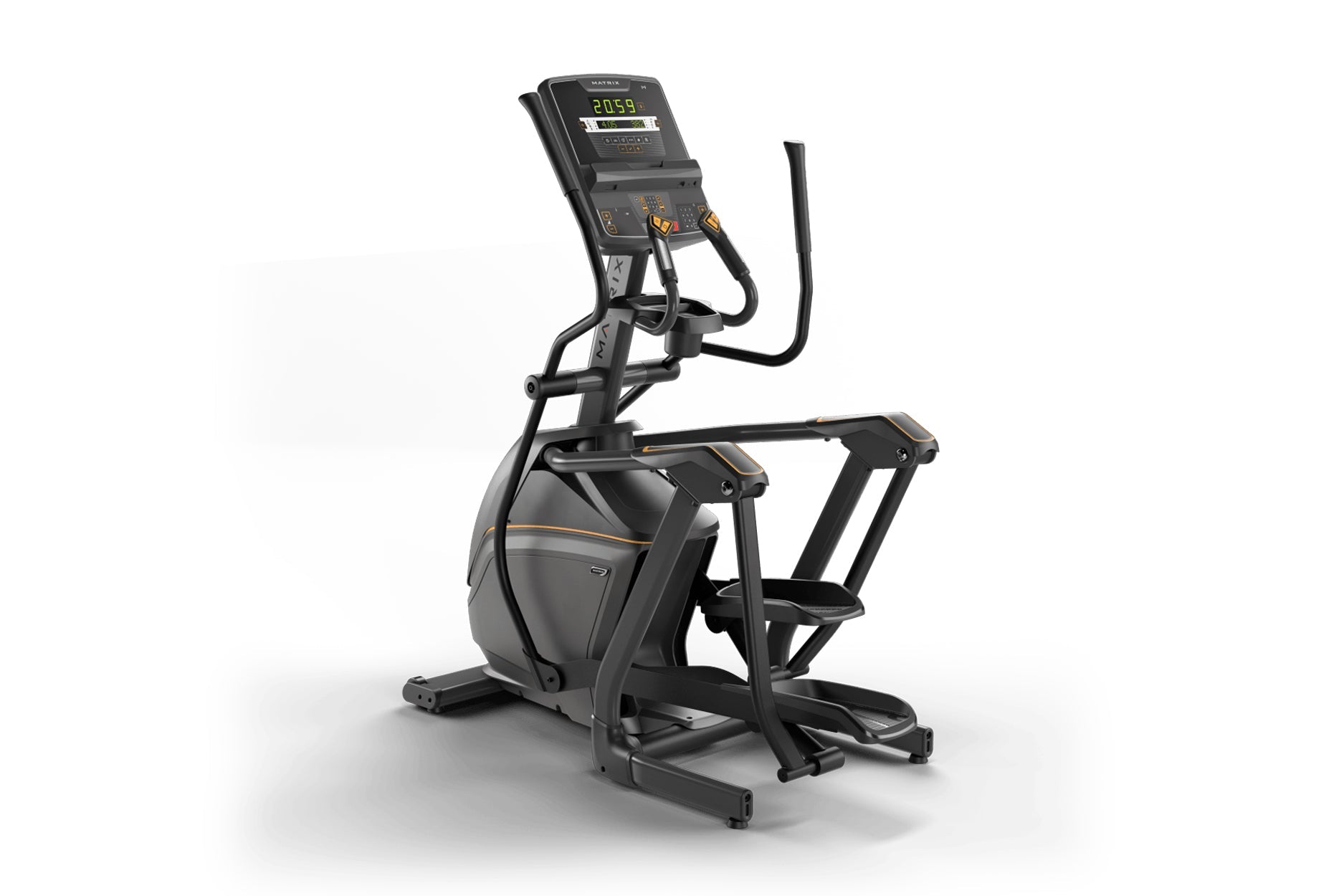 Black and gold elliptical machine with digital console display showing time, on white background