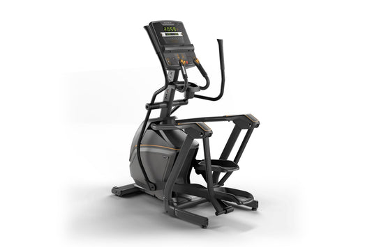 Black and gold elliptical machine with digital console display showing time, on white background