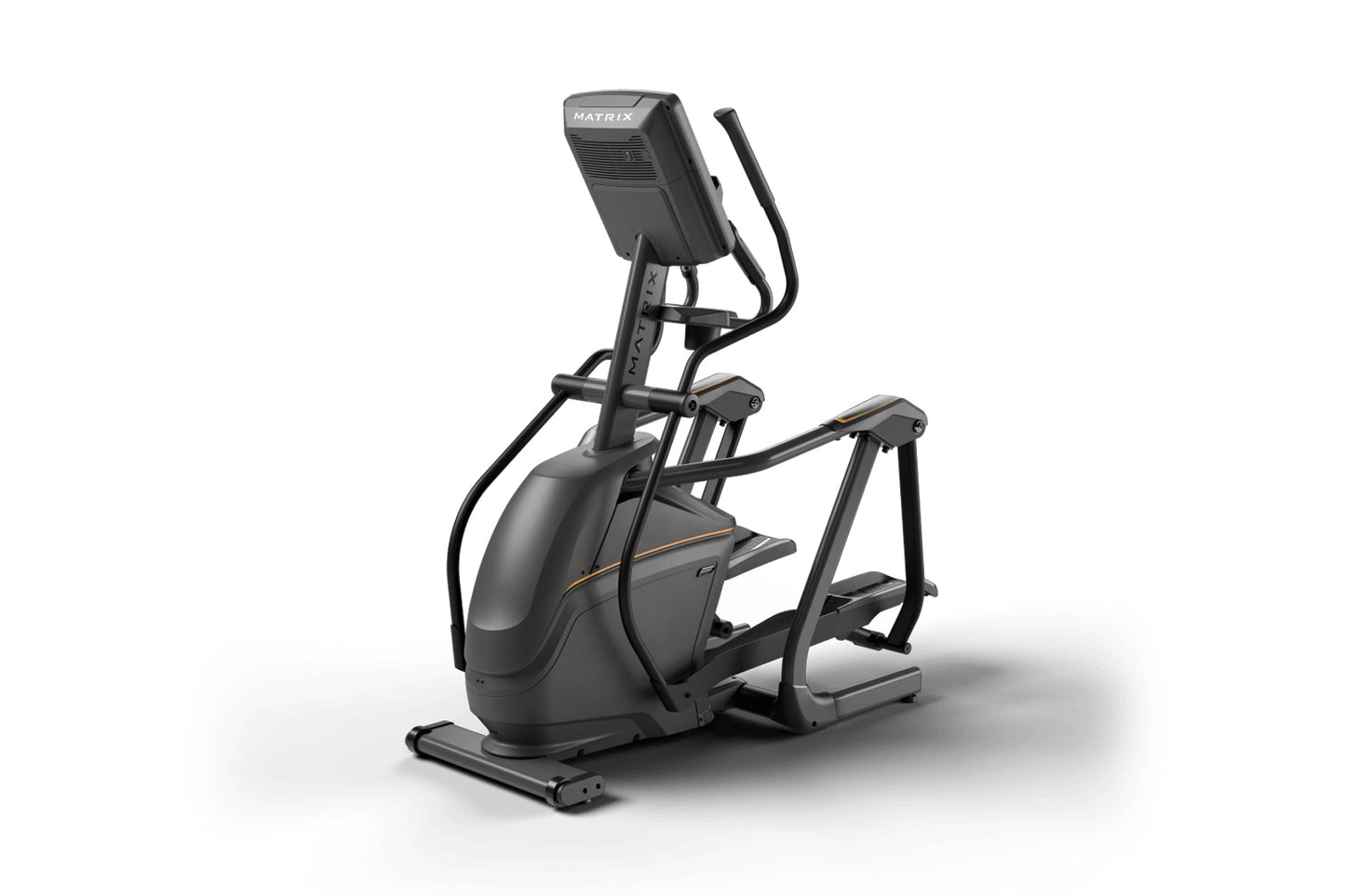 Matrix black elliptical machine with digital display console, curved pedals, and handlebar grips on white background
