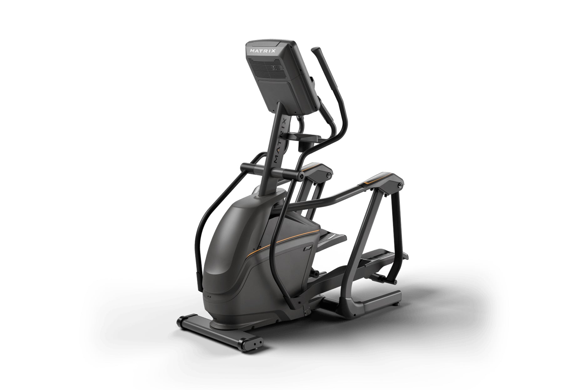 Matrix black elliptical machine with digital display console, curved pedals, and handlebar grips on white background