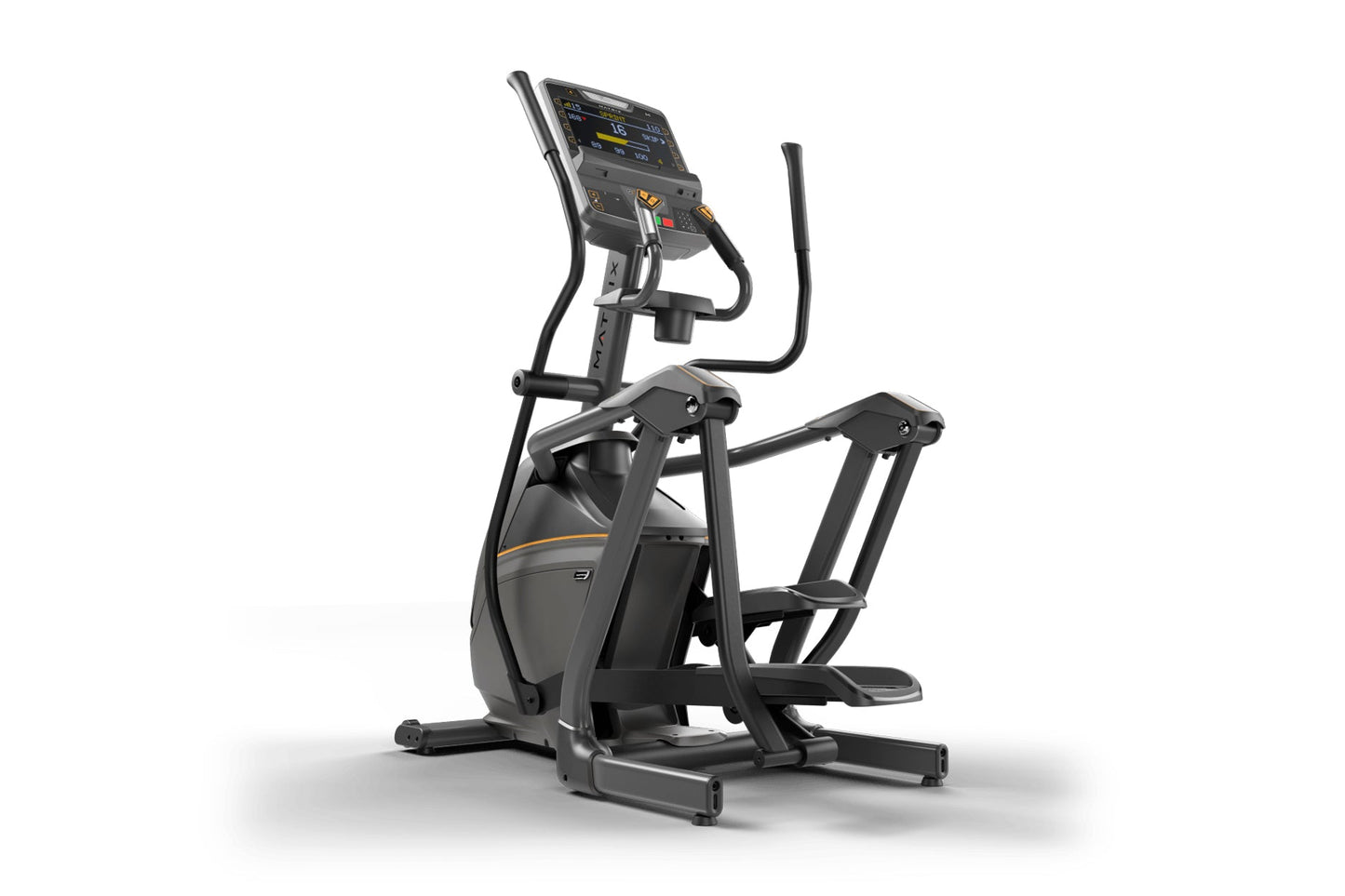 Black and gray elliptical machine with digital console display, handlebar grips, and foot pedals on white background