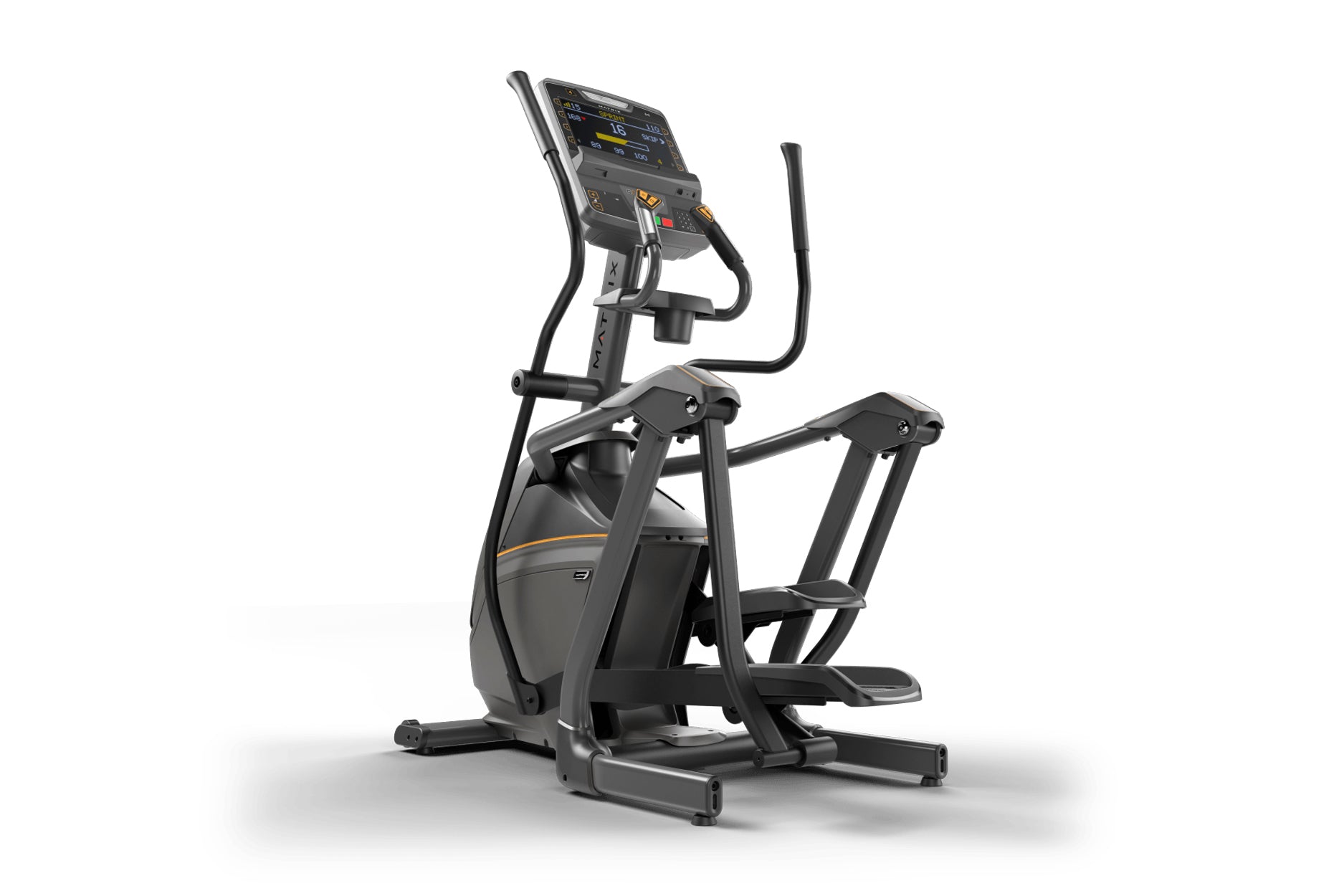 Black and gray elliptical machine with digital console display, handlebar grips, and foot pedals on white background