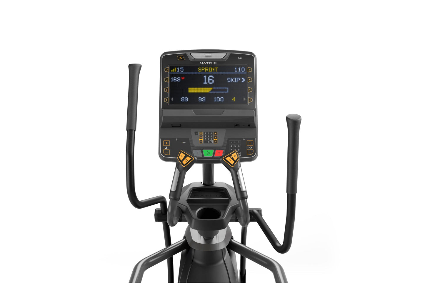 Matrix Lifestyle elliptical with digital console displaying sprint metrics, dual handles, and black frame on white background
