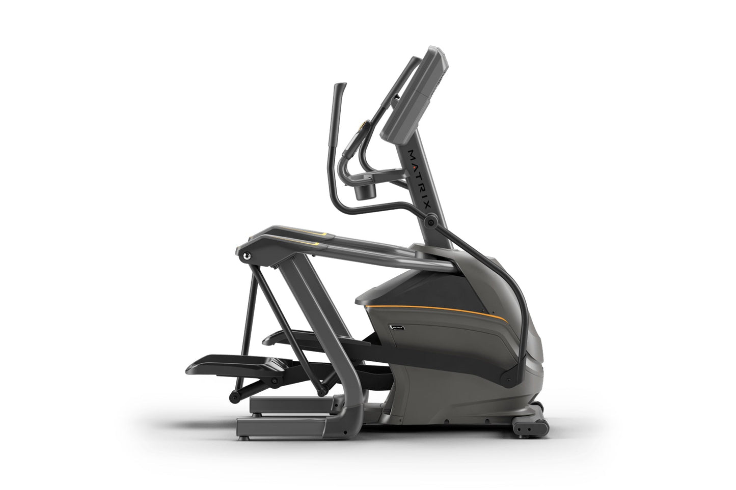 Black and gray elliptical exercise machine with handles, footrest, and digital display on white background