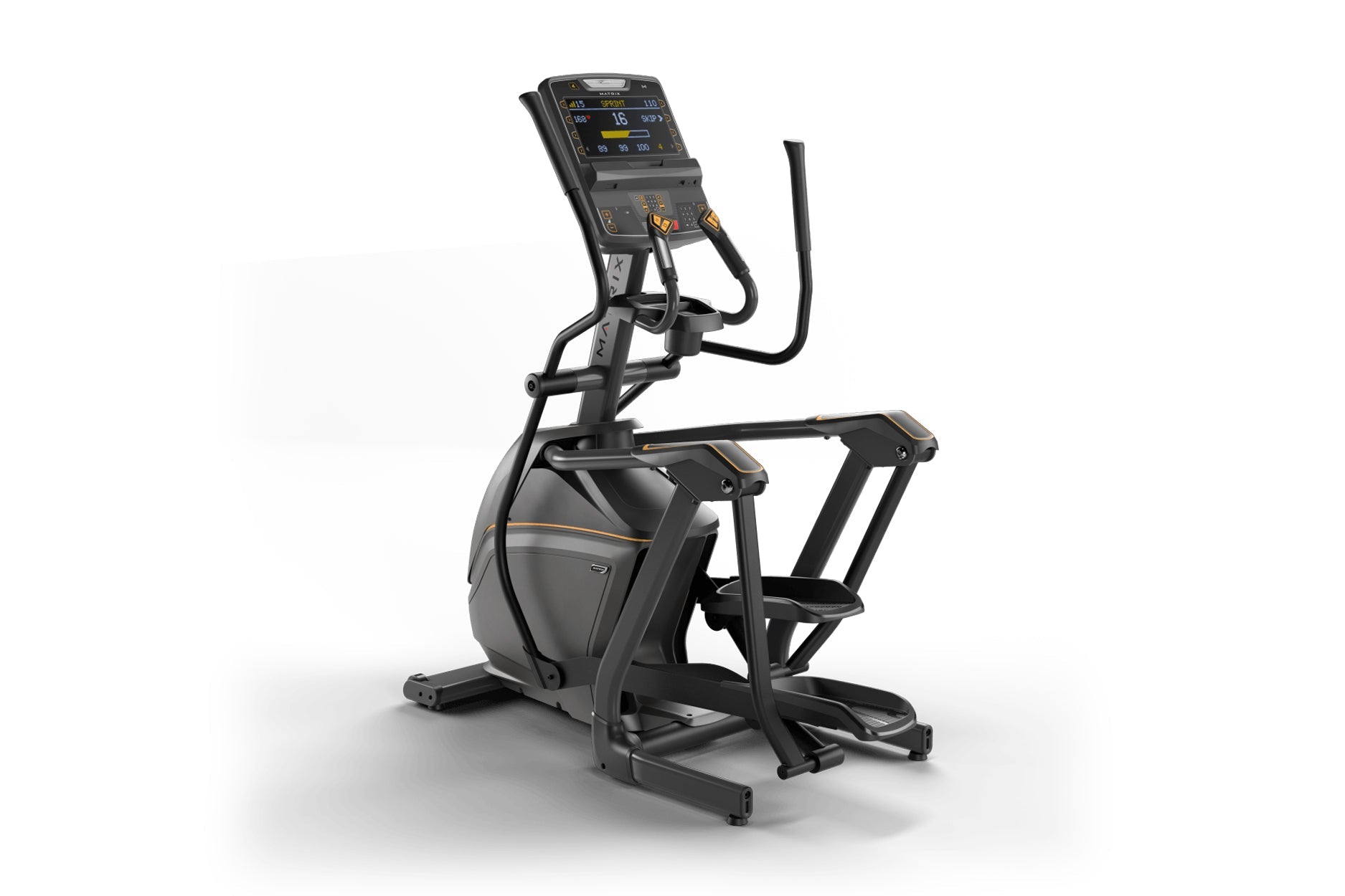 Black and gray elliptical machine with digital display console, dual handles, and footrest on white background