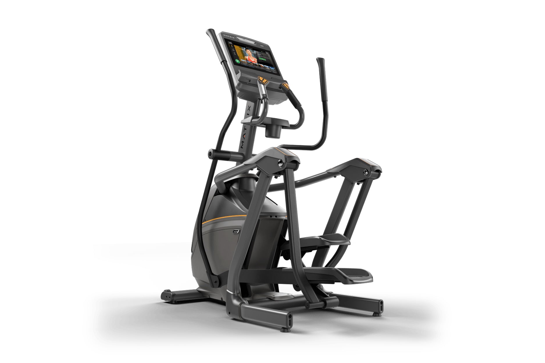 Black elliptical machine with digital console displaying fitness metrics, gold accents, and dual handles on white background