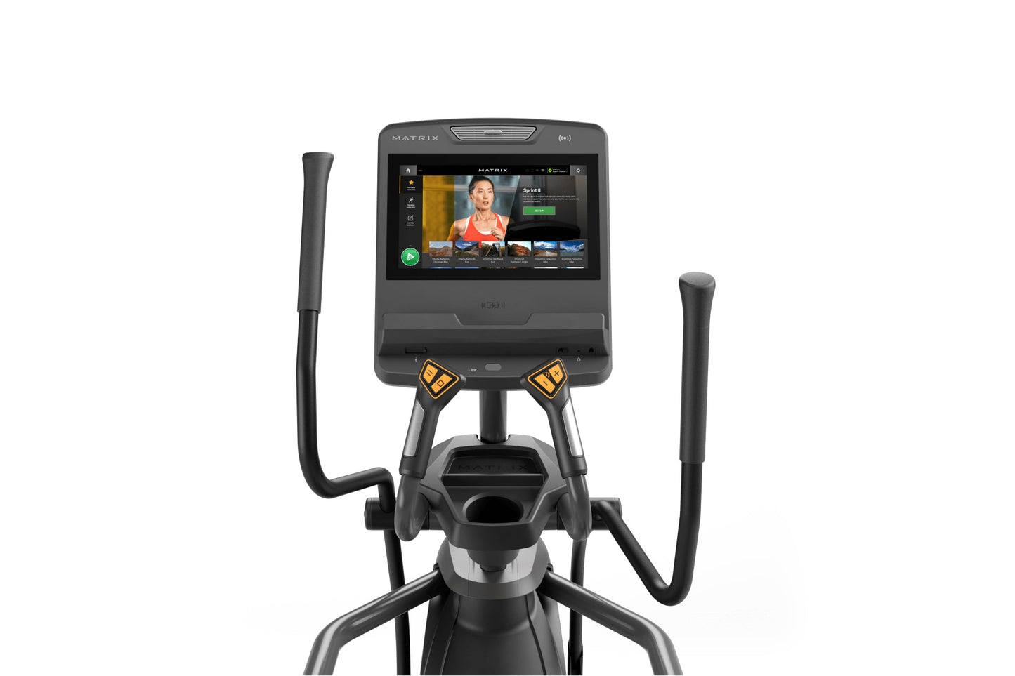 Matrix Lifestyle elliptical machine with black and gray frame, dual moving arms, foot pedals, and digital touchscreen console