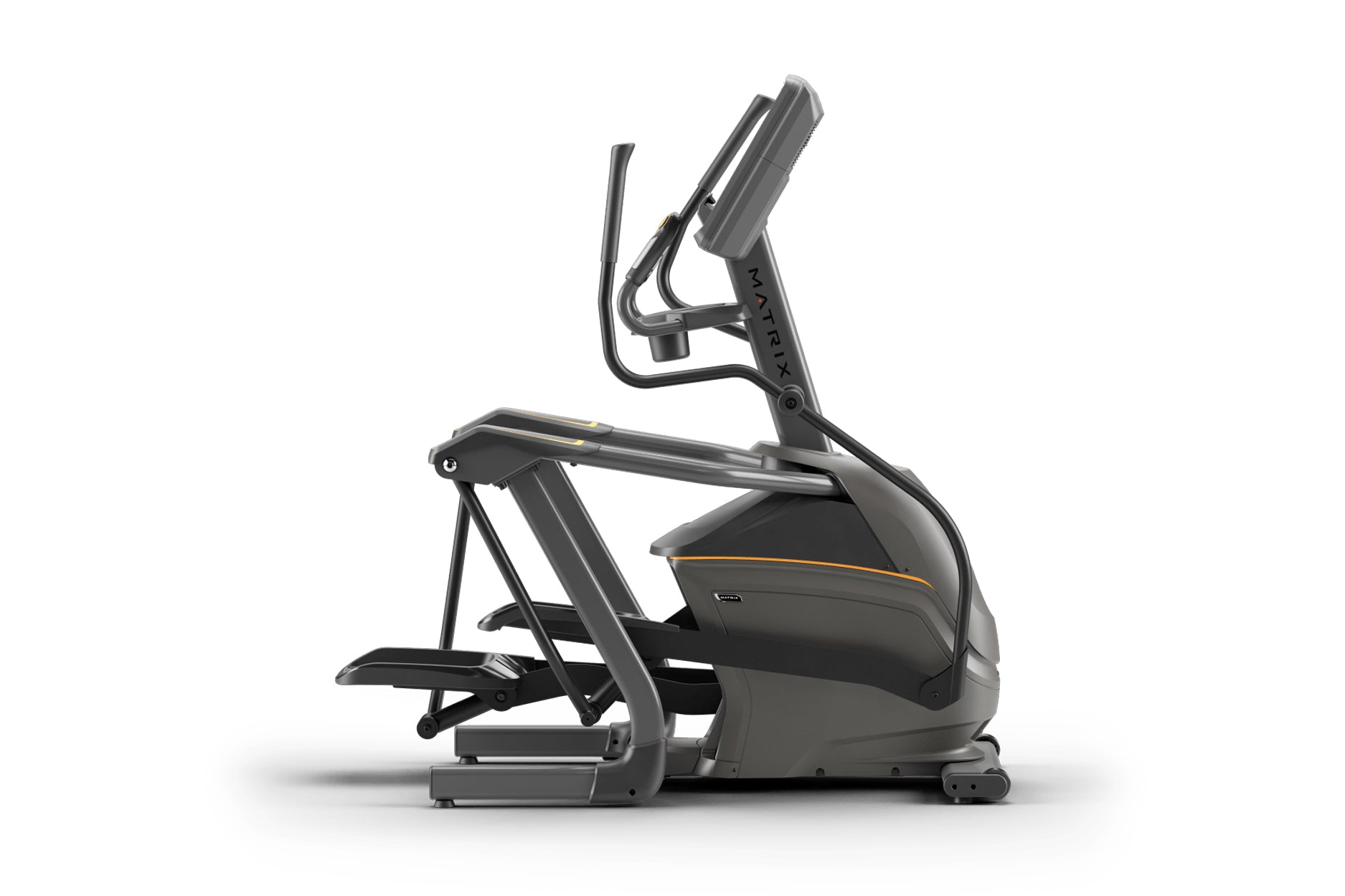 Matrix Lifestyle elliptical machine with dark gray frame, digital console, curved handles, and footplate on white background