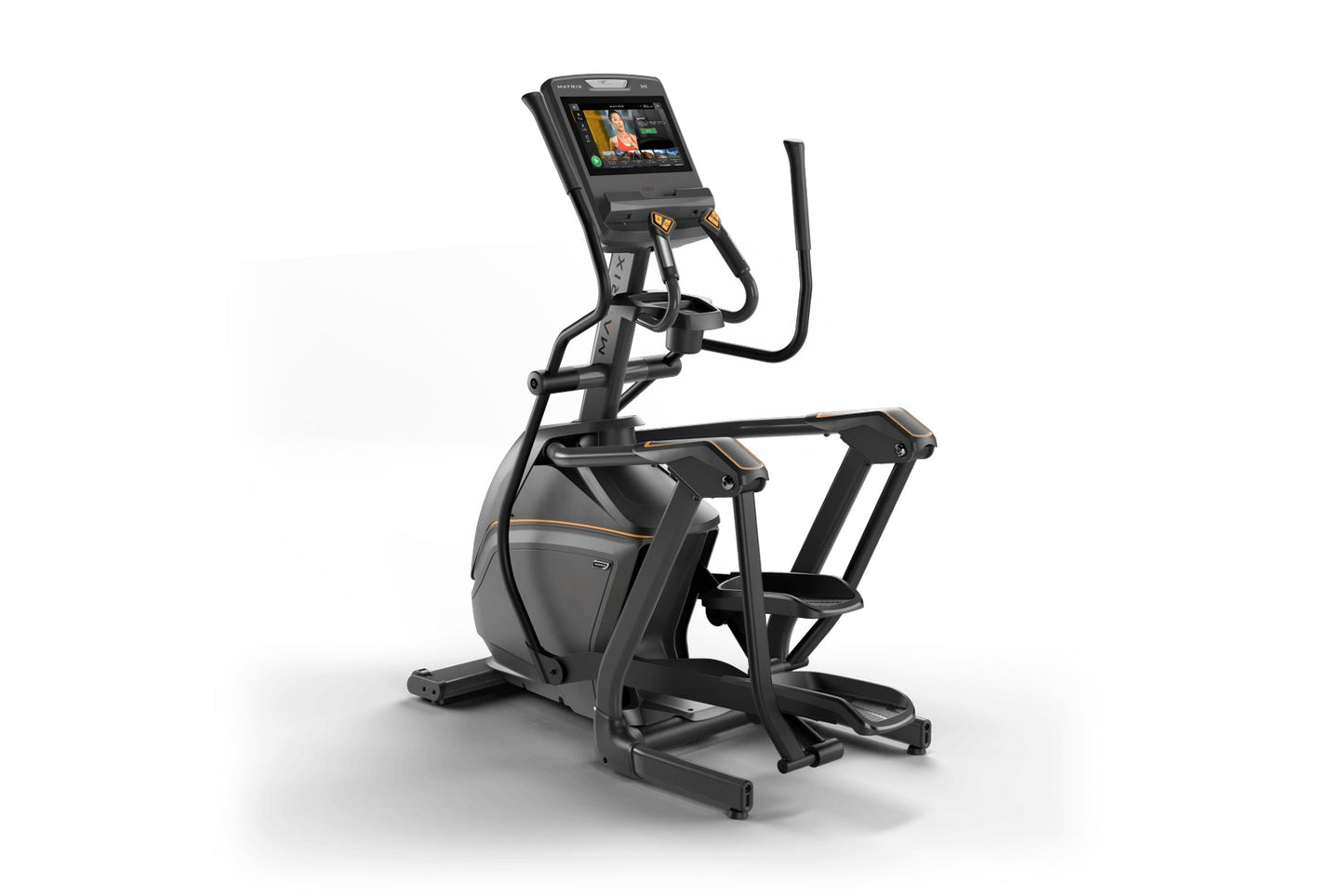 Black and gold elliptical trainer with digital display console, dual handles, and foot pedals on white background