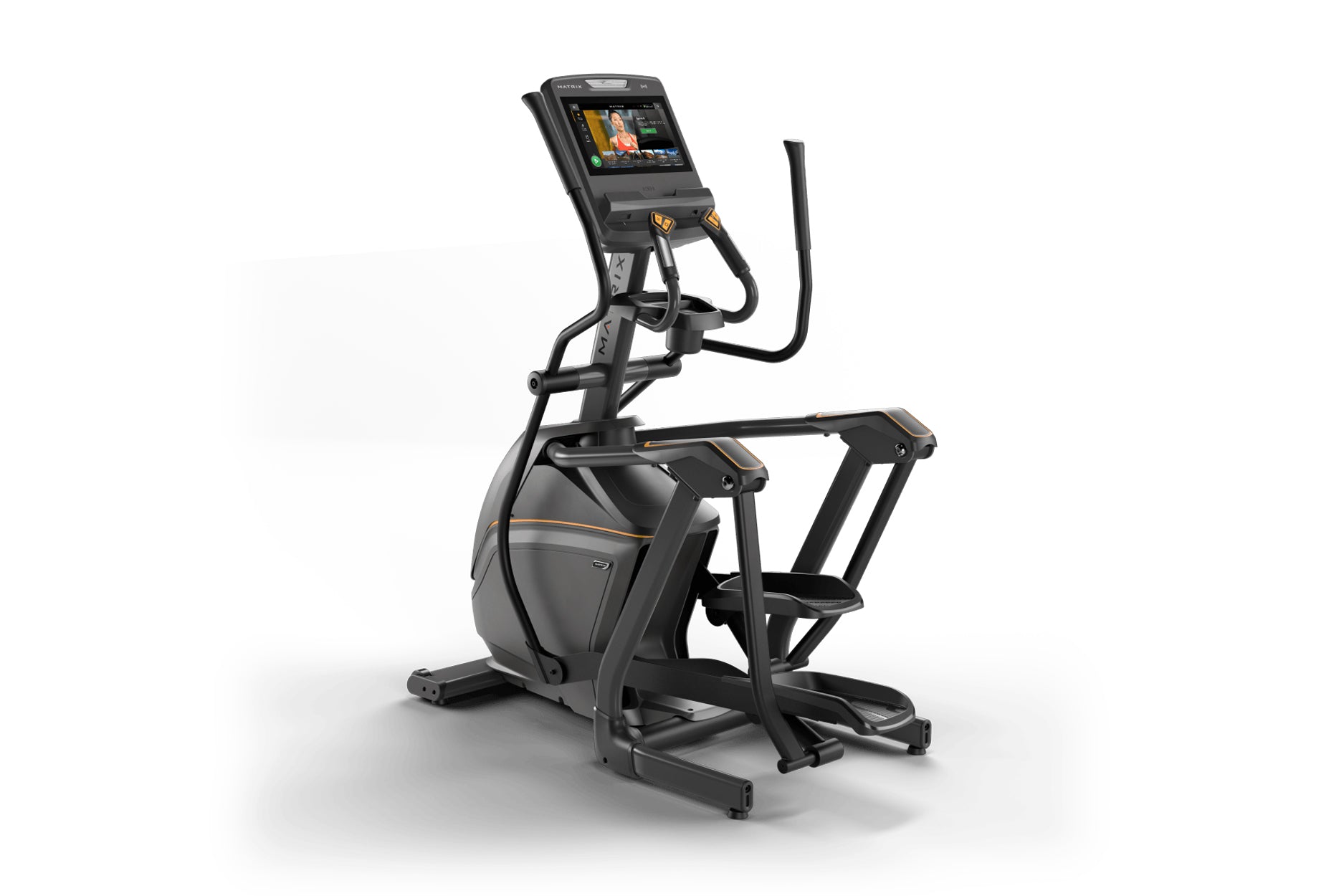 Black and gold elliptical trainer with digital display console, dual handles, and foot pedals on white background