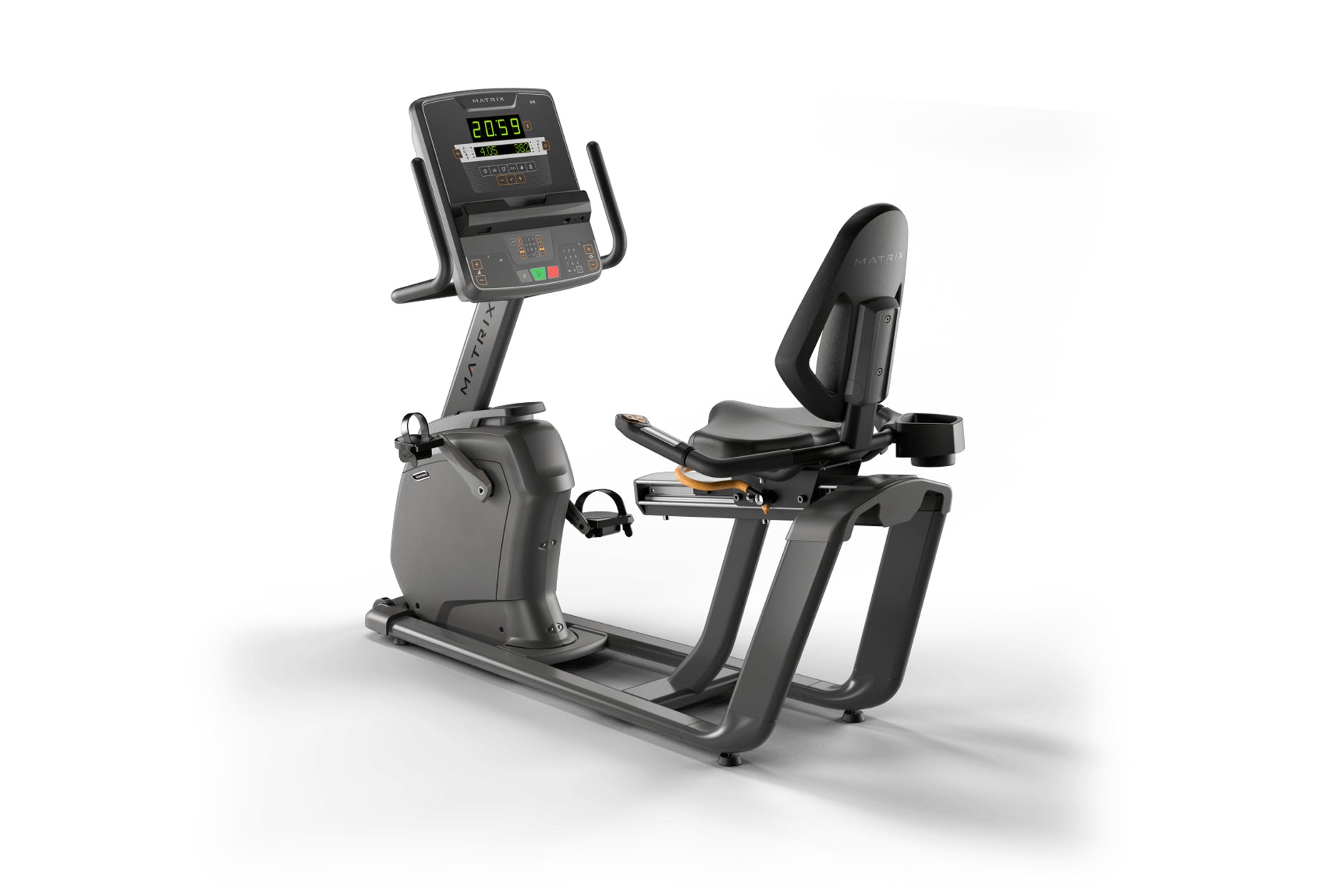 Matrix black and gray recumbent stationary exercise bike with digital display console showing fitness metrics and heart rate 