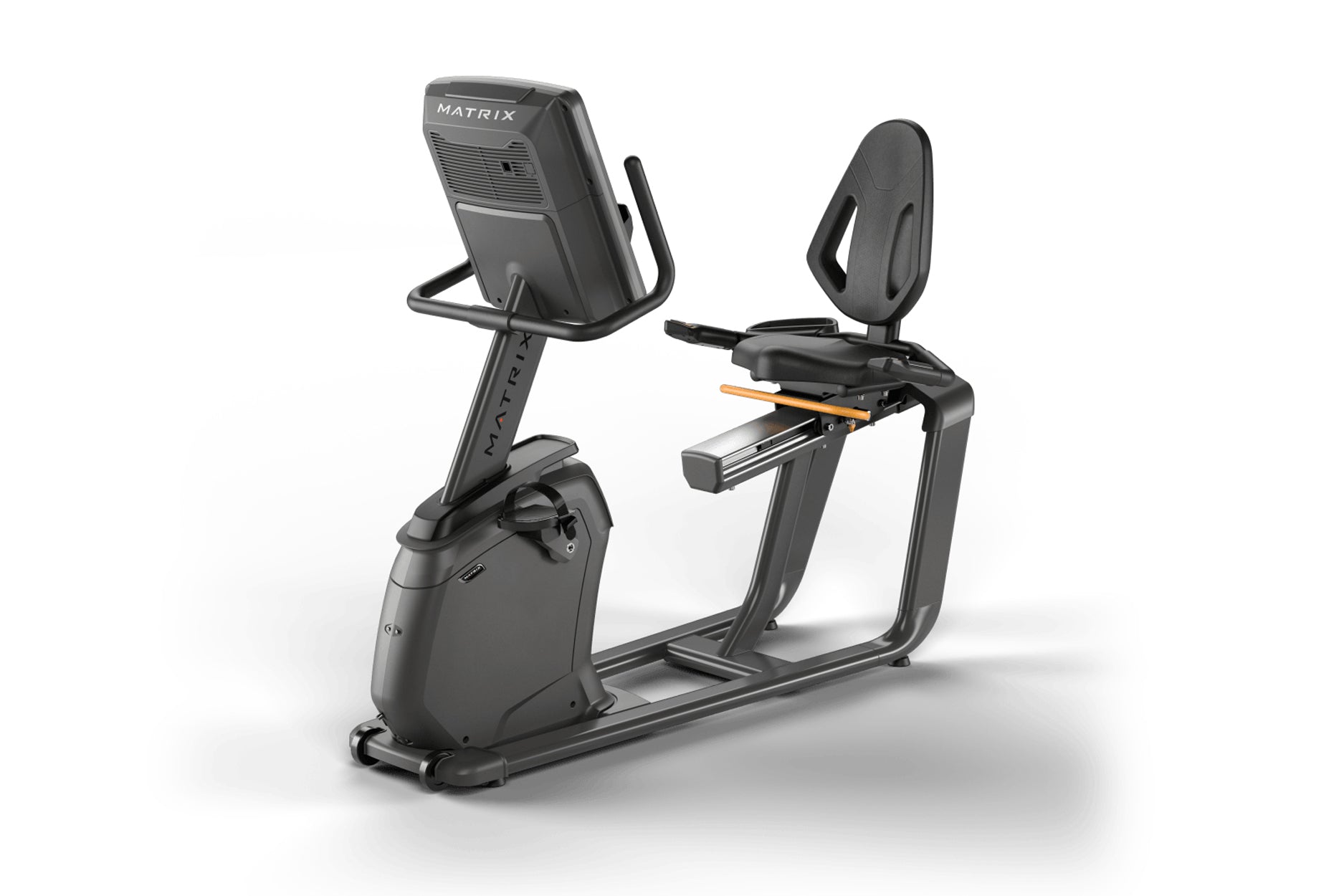 Matrix Lifestyle recumbent exercise bike with black seat, digital display console, and orange accents on white background
