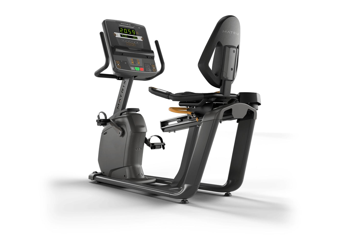 Matrix Lifestyle black recumbent exercise bike with digital display console, seat, and backrest on white background