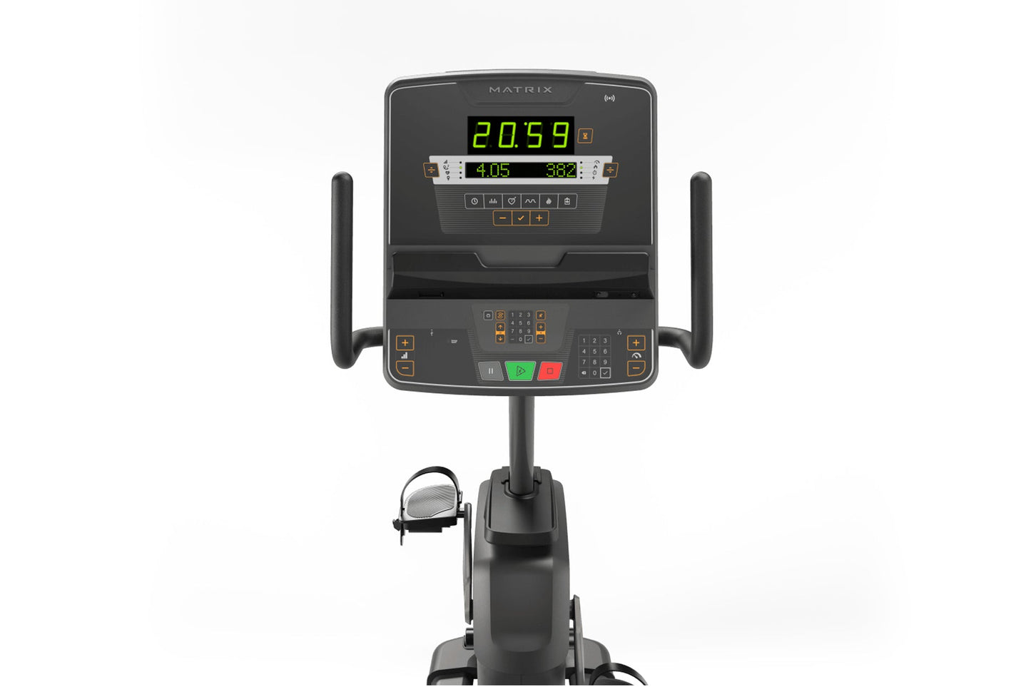Matrix recumbent exercise bike with digital display showing green readout, control panel with buttons, black frame, and foot 