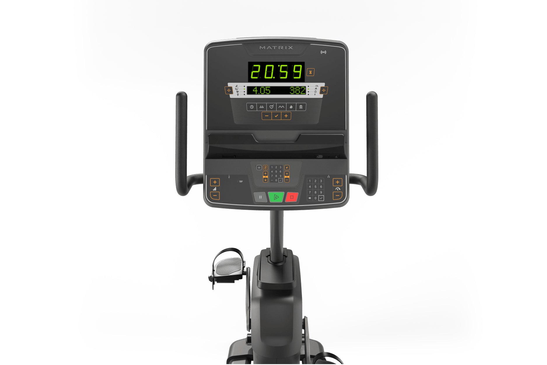 Matrix recumbent exercise bike with digital display showing green readout, control panel with buttons, black frame, and foot 