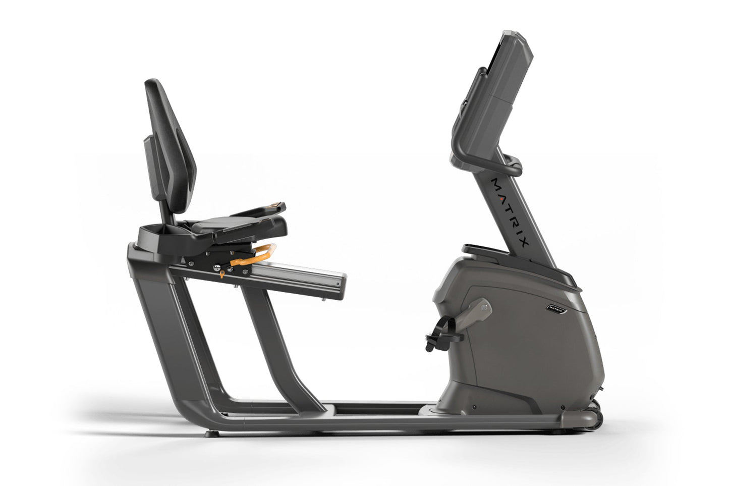 Matrix Lifestyle recumbent exercise bike with charcoal frame, padded seat, and adjustable backrest on white background