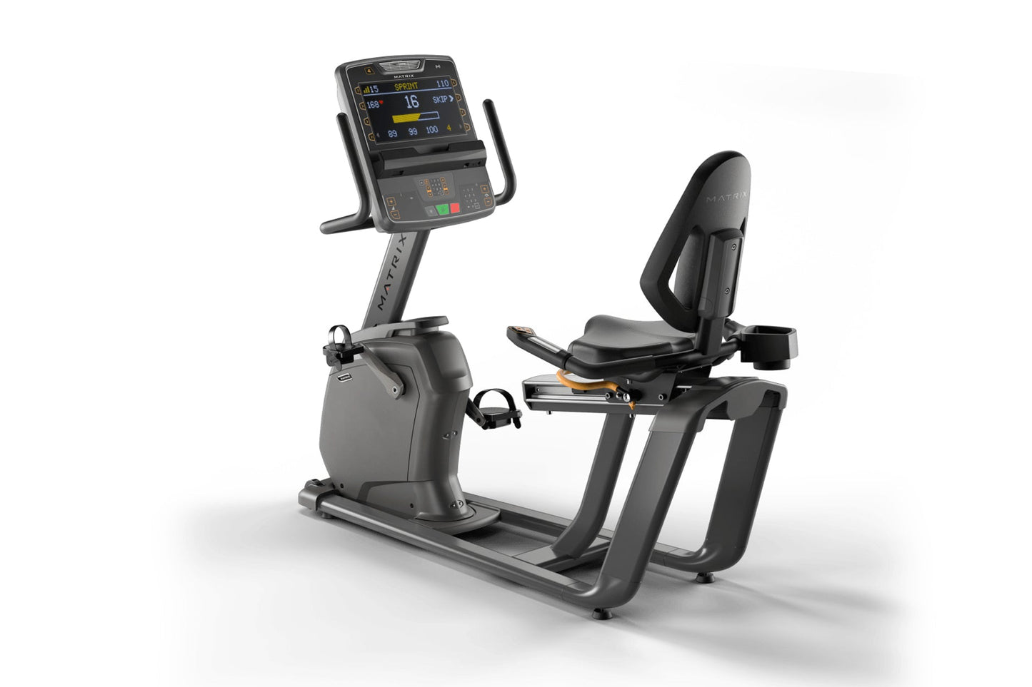 Matrix Lifestyle recumbent exercise bike with gray frame, black seat, digital touchscreen console, and foot pedals on white b