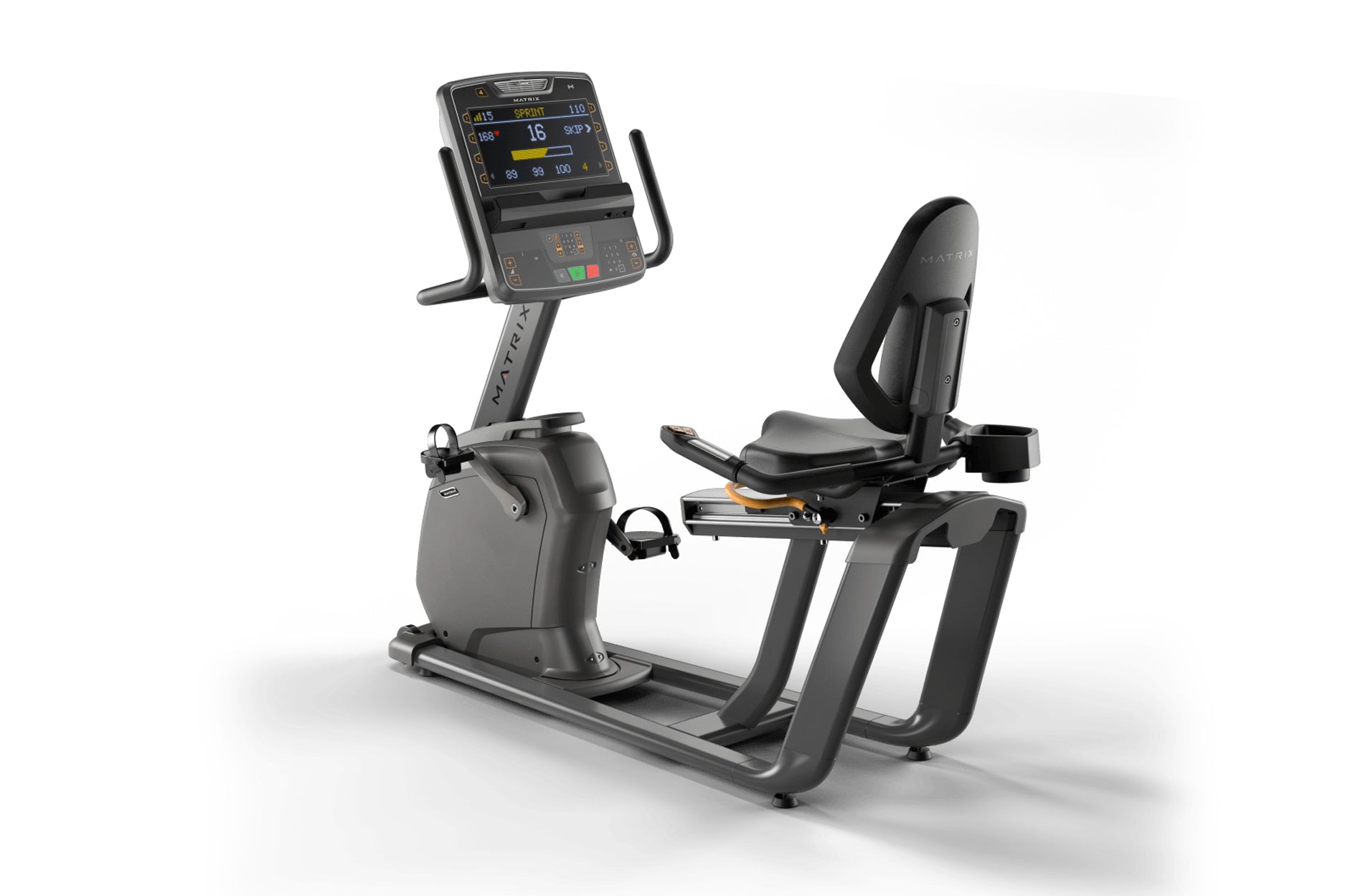 Matrix Lifestyle recumbent exercise bike with gray frame, black seat, digital touchscreen console, and foot pedals on white b