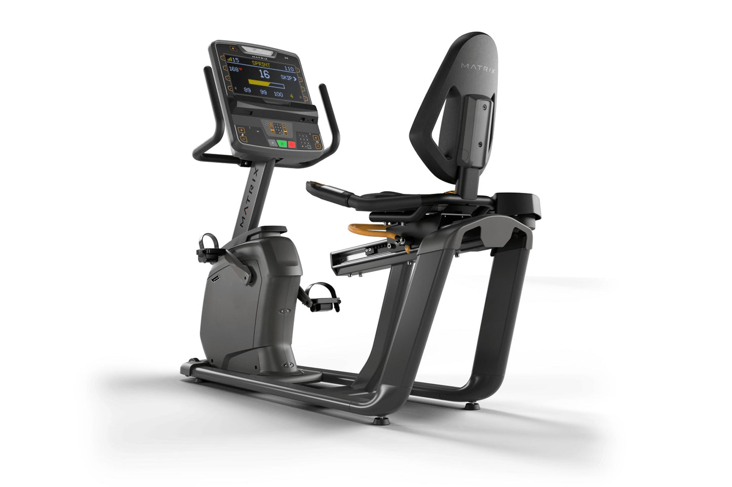 Matrix Lifestyle black recumbent exercise bike with digital display console, backrest, and foot pedals on white background