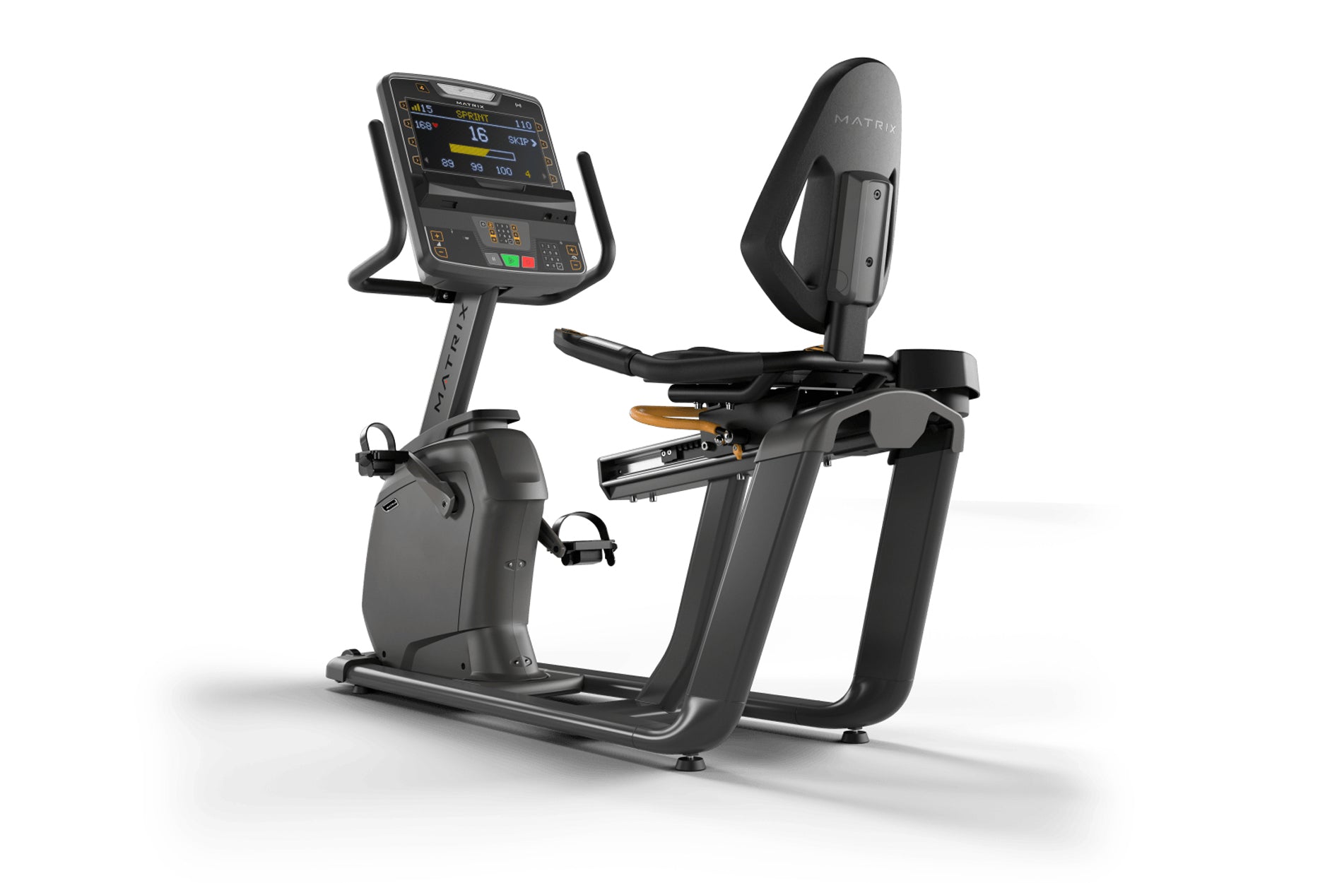 Matrix Lifestyle black recumbent exercise bike with digital display console, backrest, and foot pedals on white background