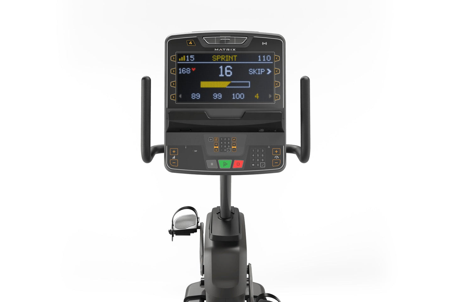 Matrix Lifestyle Recumbent Cycle with digital display showing sprint metrics, black frame with dual handles, on white backgro